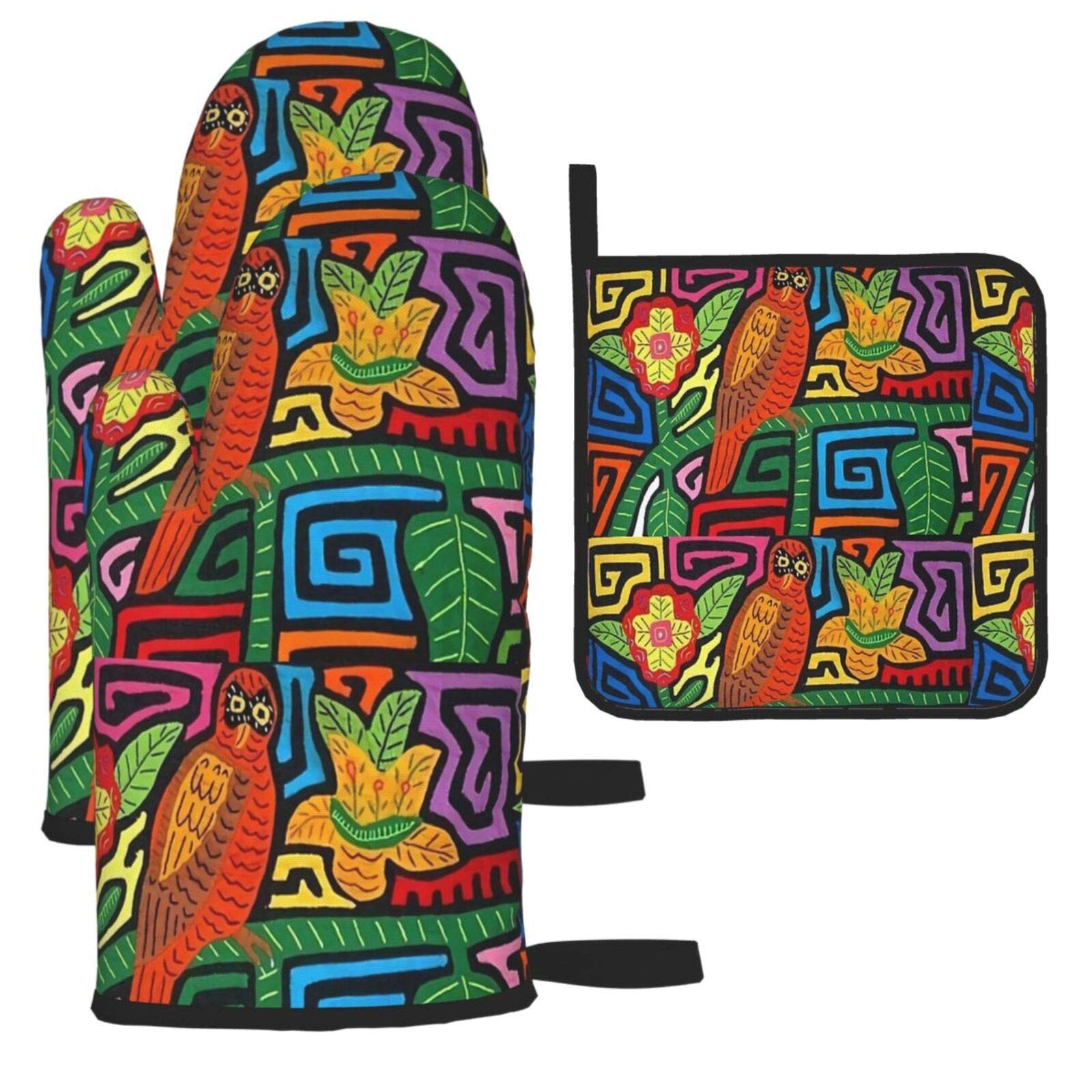 Premium Panama Mola Oven Mitts & Pot Holders Set (3-Piece) - Heat Resistant Kitchen Accessories for Baking, Cooking & Grilling