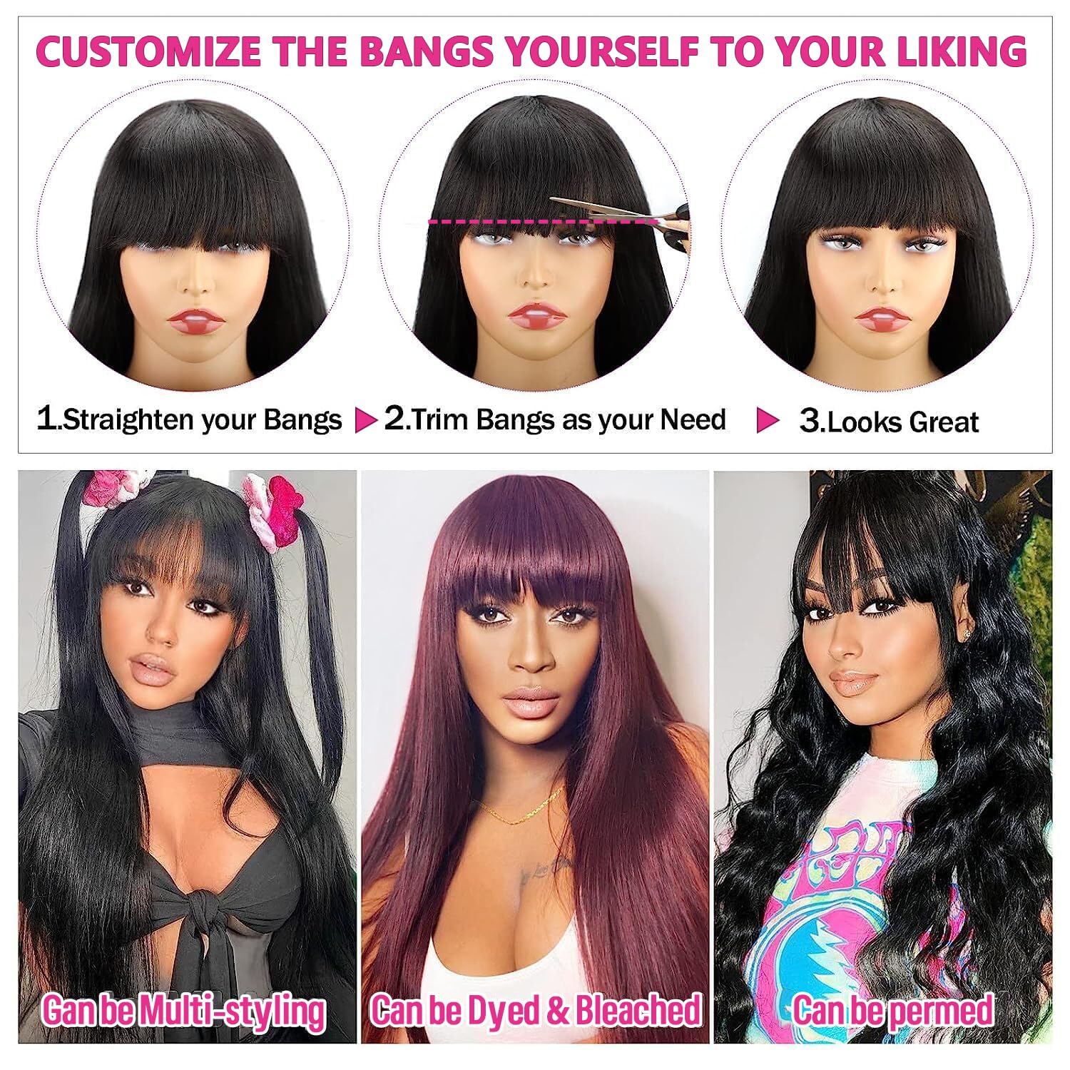 Brazilian Virgin Straight Human Hair Wigs with Bangs - 180% Density Glueless Lace Front Wigs for Black Women (10 Inch, Natural Color) | Machine Made | Perfect for Daily Wear, Parties & Special Occasions