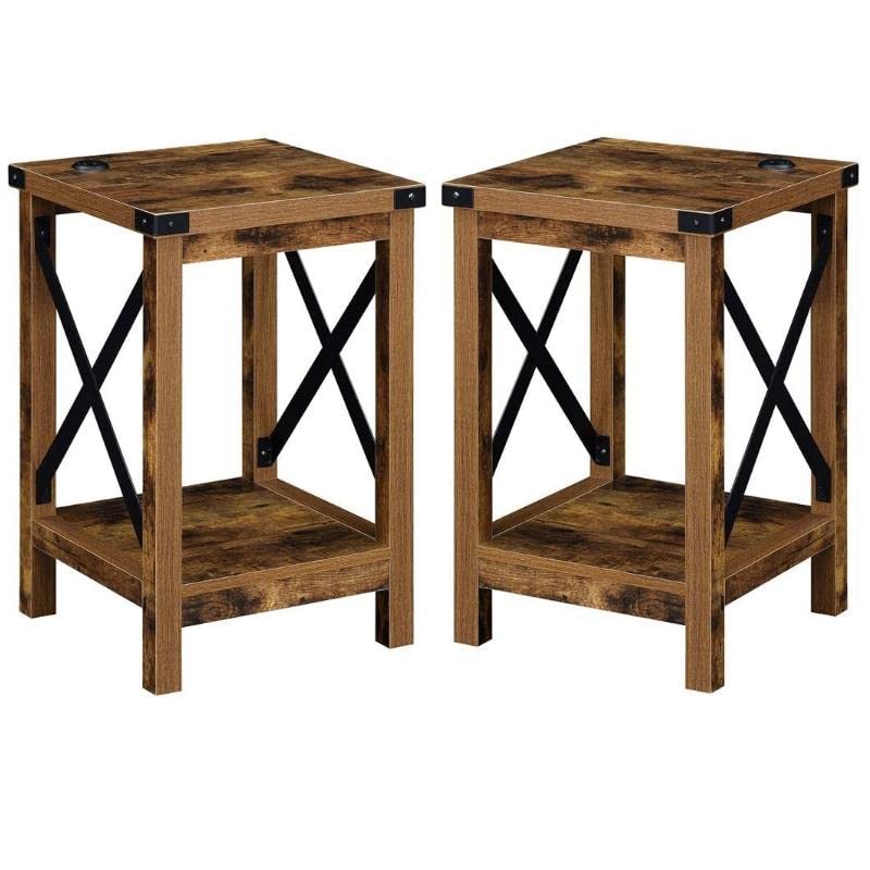 Modern End Table with USB Charging Station - Set of 2 Nightstands in Nutmeg & Black for Living Room, Bedroom, or Office - Convenient Side Table with Built-in Power Outlets for Phones & Devices