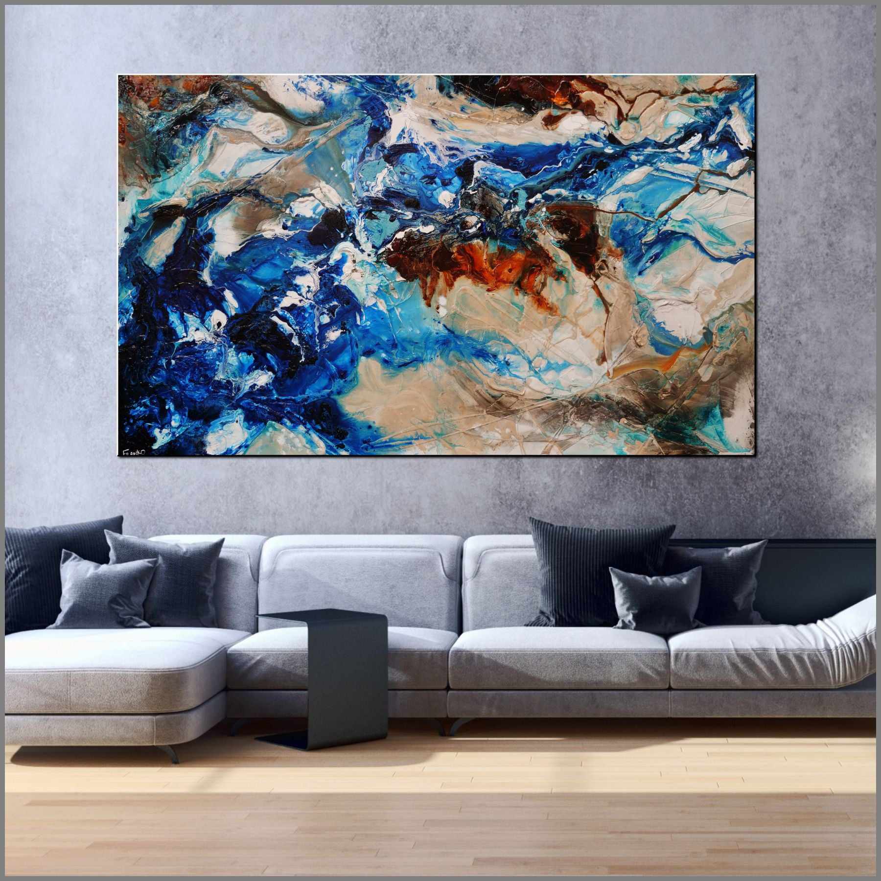 Blue and White Textured Abstract Canvas Painting 250cm x 150cm - Large Modern Wall Art for Living Room, Bedroom & Office Decor | Drifting Grace Collection