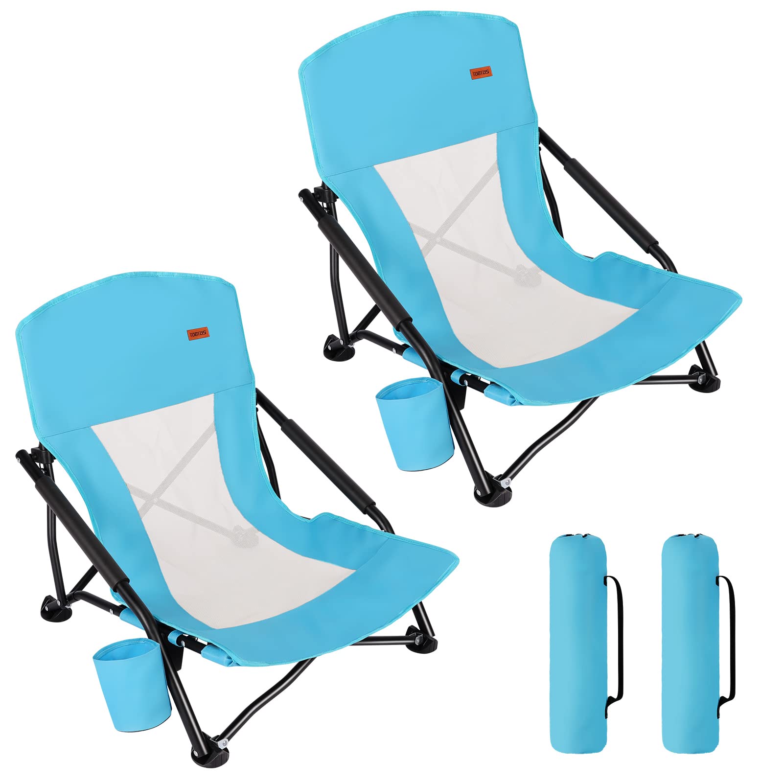 TOBTOS Low Beach Chair for Adults - 2 Pack Heavy Duty Folding Chairs with Cup Holder & Carry Bag - Portable Low Profile Outdoor Chairs for Beach, Camping, Concert, Travel, Picnics and Backyard Relaxation