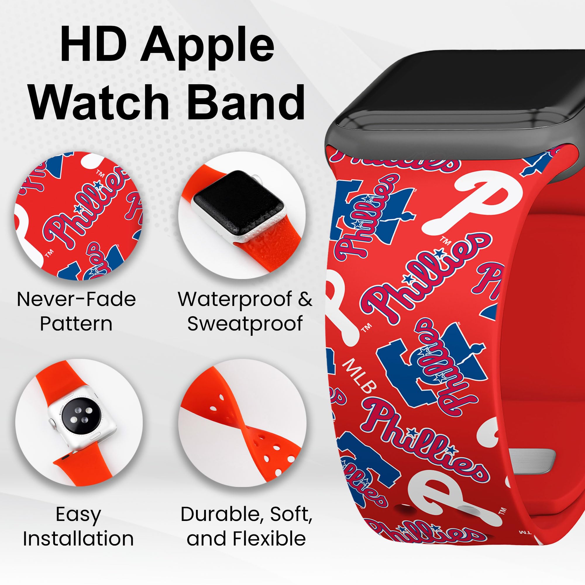 Philadelphia Phillies HD Watch Band Compatible with Apple Watch Series 1-9 - Durable Sports Wristband for Game Day, Workout & Casual Wear