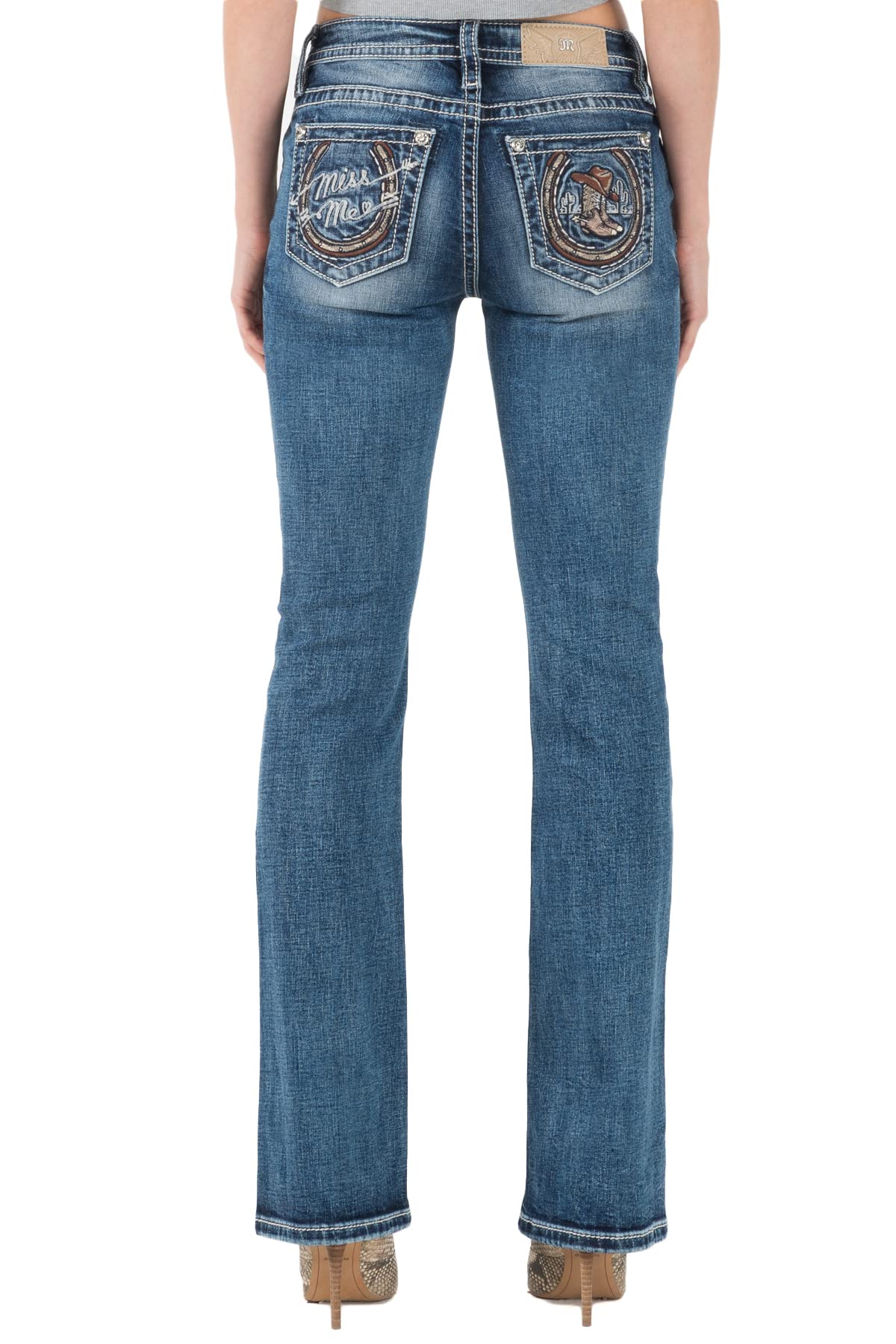 Miss Me Mid Rise Cowboy Boots with Horseshoe Boot Cut Jeans - Western Style Boots & Denim for Women | Perfect for Country Concerts, Rodeos & Western Fashion Outfits