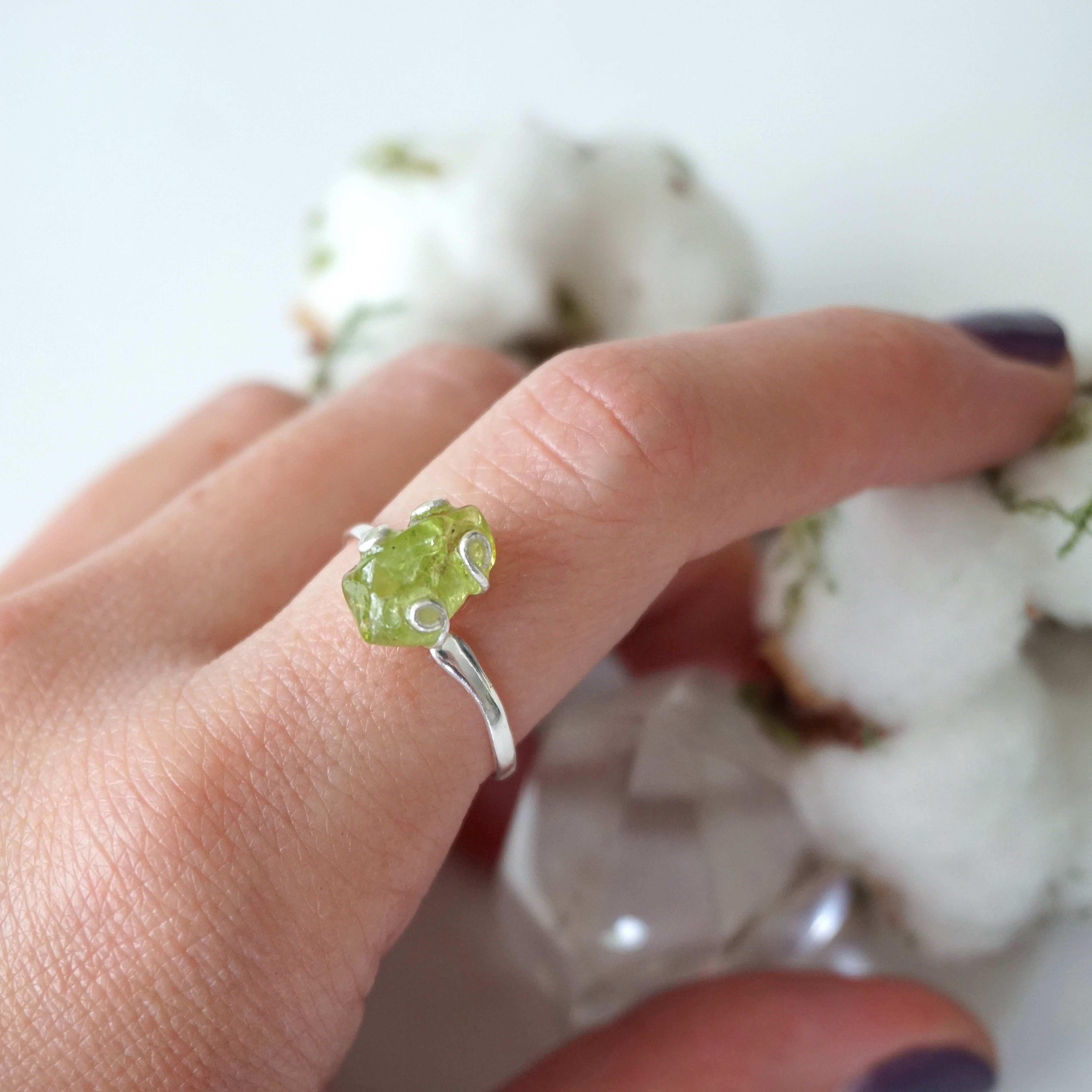 Raw Green Peridot Crystal Adjustable Ring in Sterling Silver - Perfect for Boho Jewelry, Healing Crystal Gifts & Everyday Wear