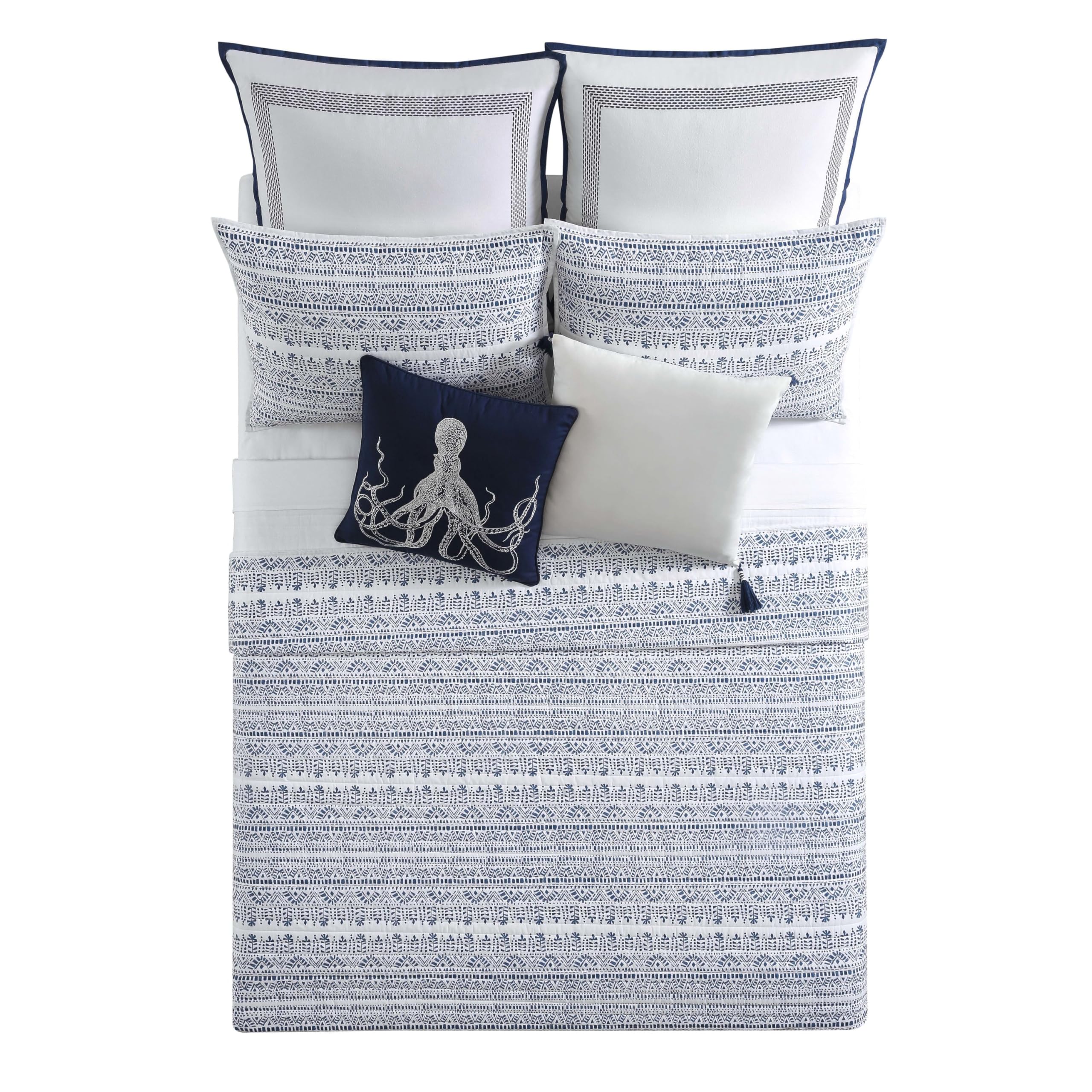 Premium Reef Quilt Set Full/Queen Size 90x92 Inches - 3-Piece Bedding Set in White & Blue Ocean Theme | Soft Breathable Comforter for Beach House, Guest Room & Coastal Decor