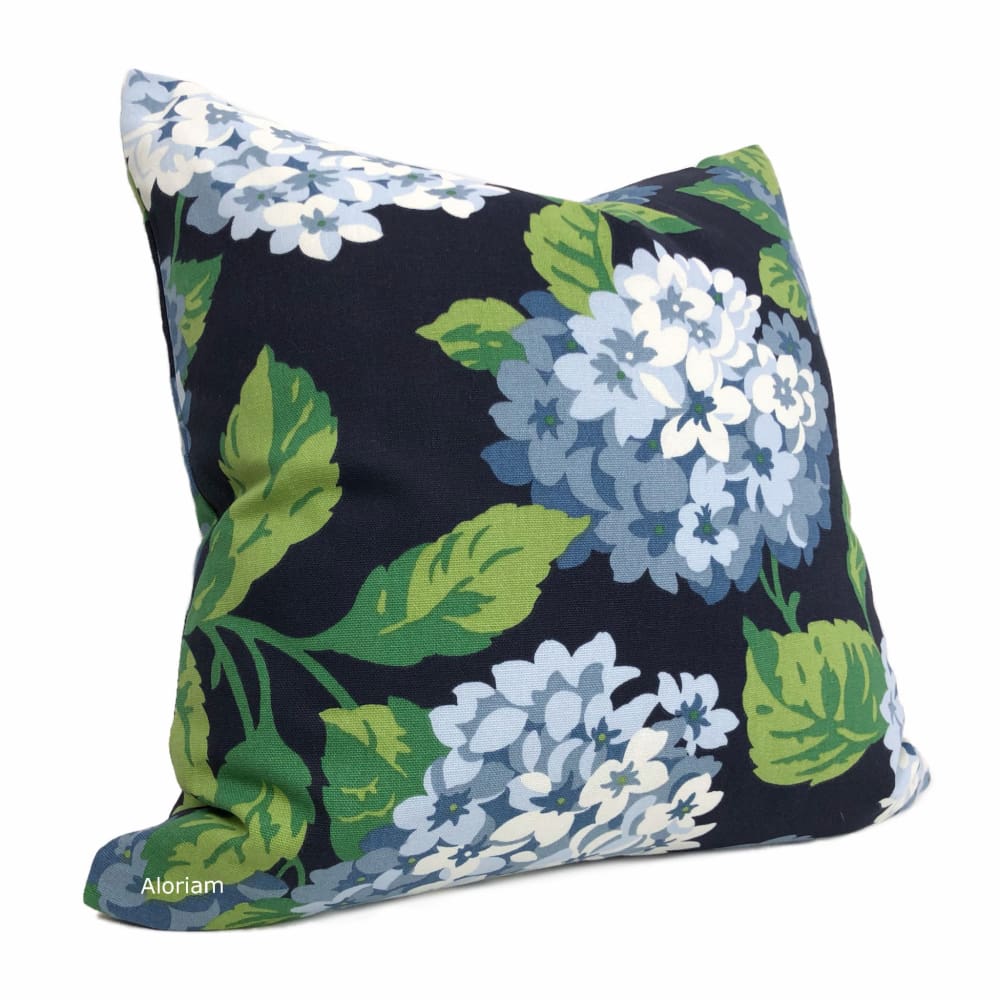 Bella Navy Blue Green White Hydrangea Floral Print Pillow Cover - Decorative Throw Pillow Case for Sofa, Bedroom, Living Room, Home Decor