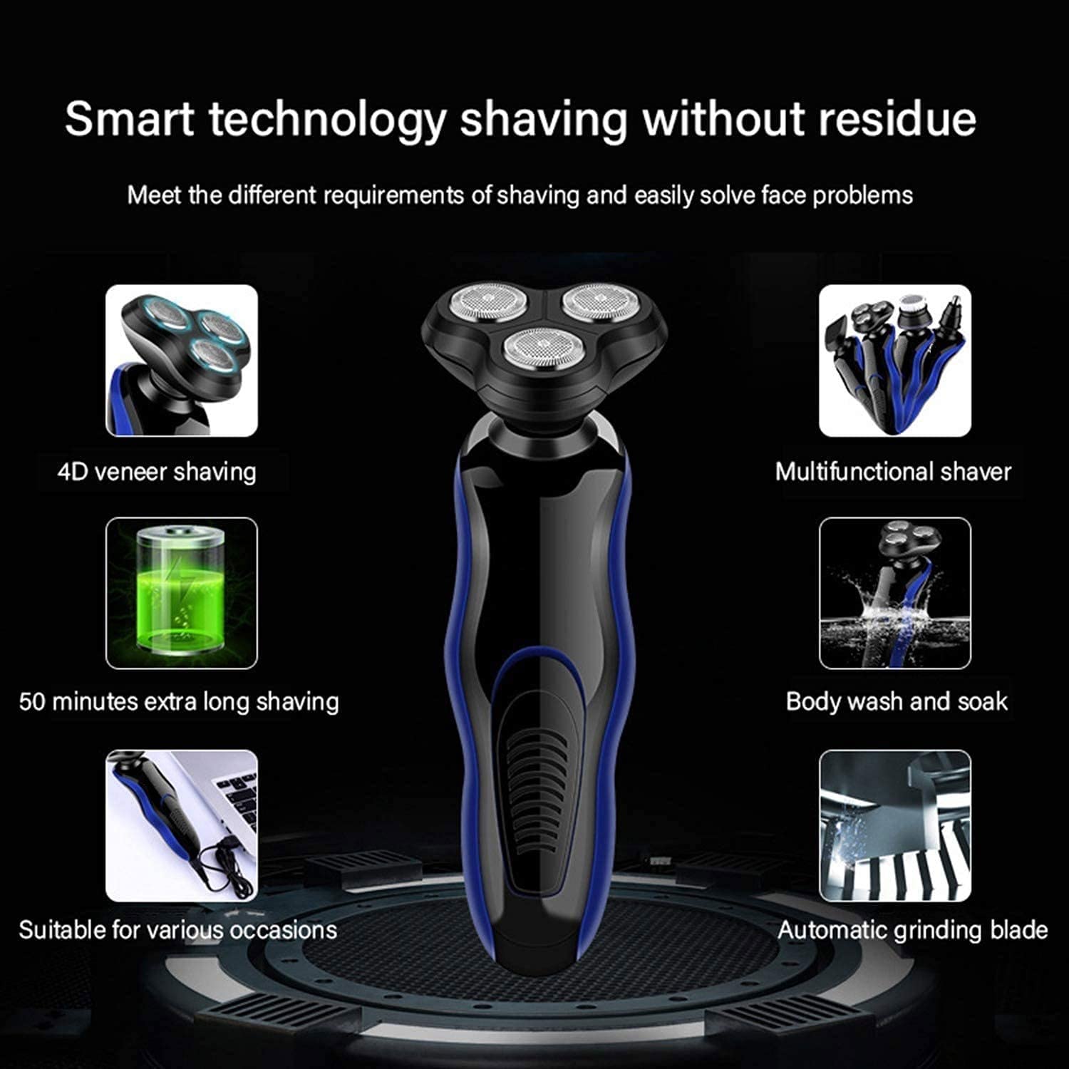 4-in-1 Rotary Electric Razor for Men - Wet/Dry Cordless Shaver with USB Charging & Waterproof Design - Complete Grooming Kit for Face, Head & Body Shaving - Perfect for Travel, Gym & Daily Use (Black)