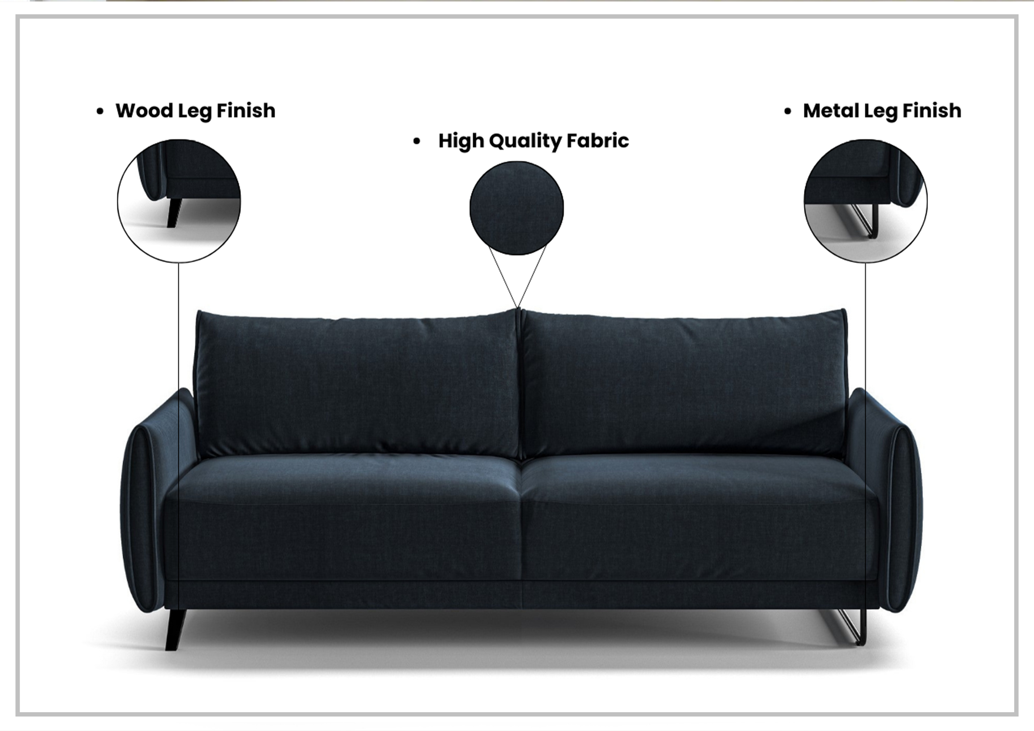 Luonto Dolphin Fabric Full XL Sofa Sleeper with High Black Legs - Convertible Sleeper Sofa for Small Spaces, Guest Room & Living Room Furniture