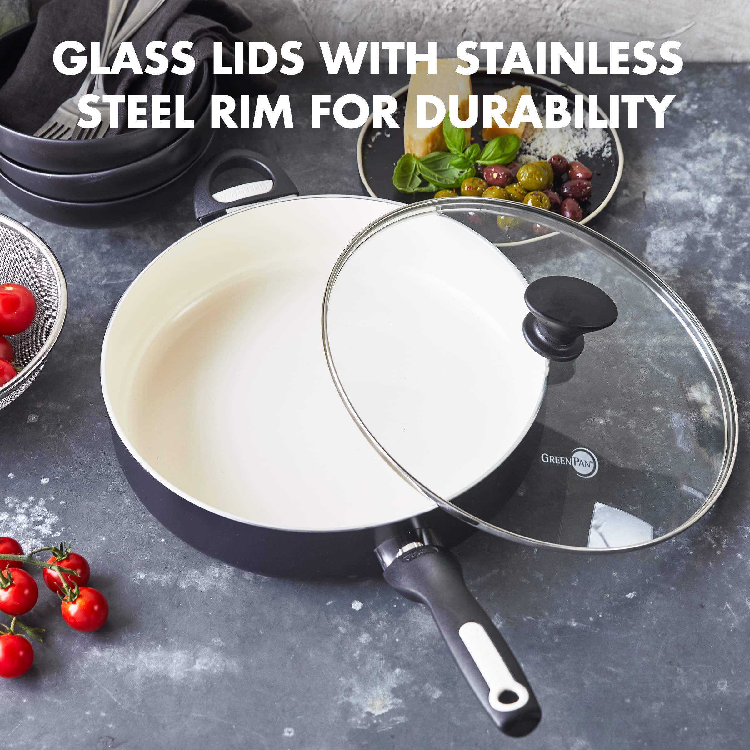 GreenPan Rio Healthy Ceramic Nonstick 5QT Saute Pan - PFAS-Free, Dishwasher Safe Cookware with Helper Handle & Glass Lid - Perfect for Stir-Frying, Searing & Everyday Cooking - Black