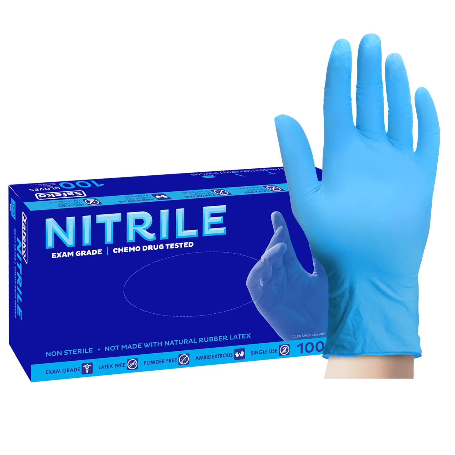 Premium Nitrile Exam Gloves - Latex Free, Powder Free, Disposable Safety Gloves for Medical, Dental, Food Handling & Cleaning - 100/Box