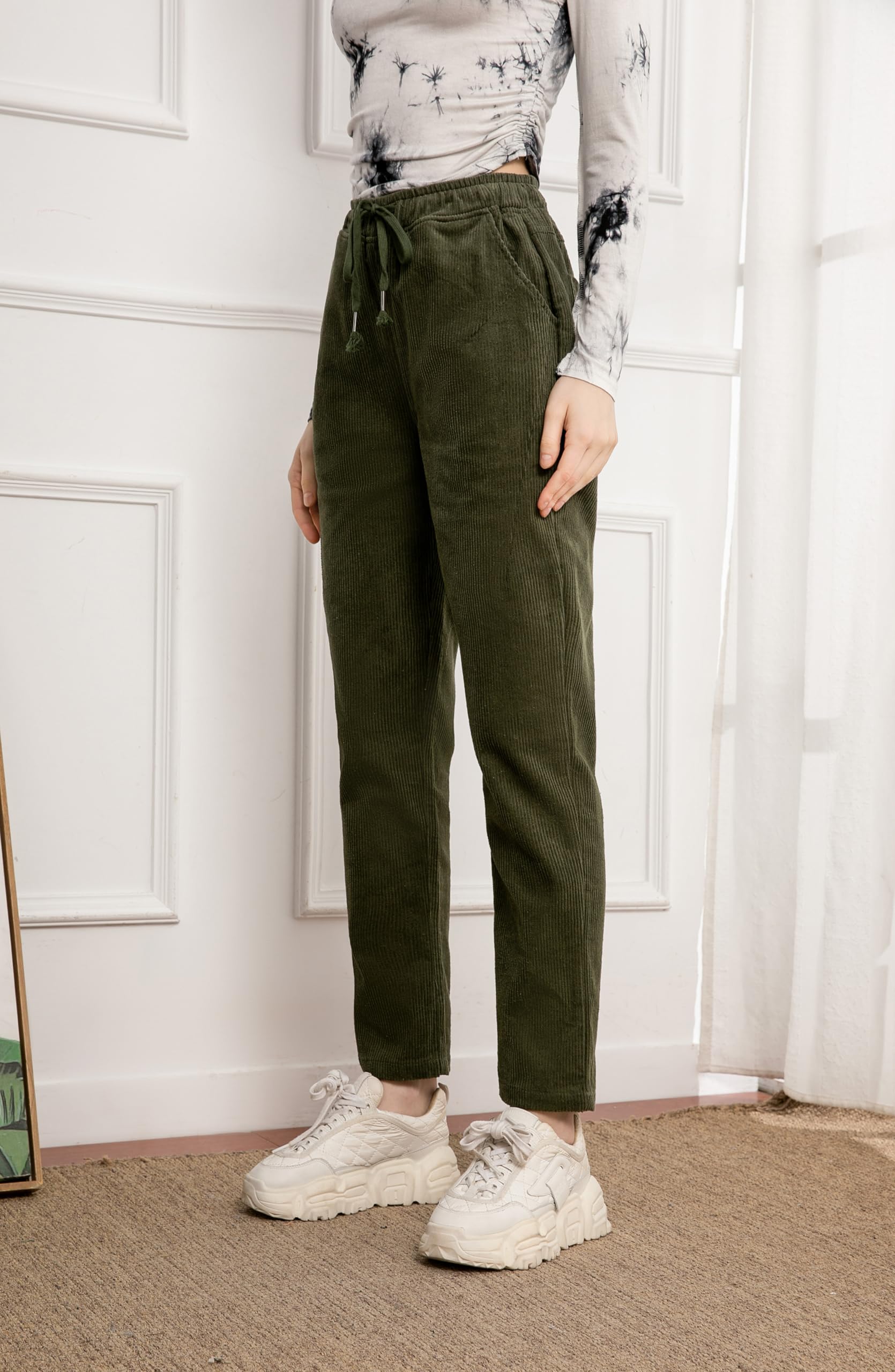 Minibee Women's Corduroy Pants - Soft Stretch Elastic Waist Pull-On Trousers with Drawstring | Comfortable Casual Cotton Pants for Work, Travel & Everyday Wear