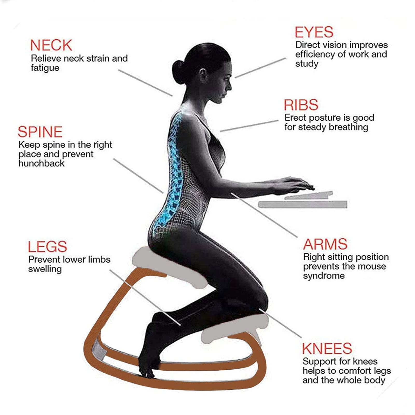 Ergonomic Kneeling Chair for Back Pain Relief - Adjustable Wooden Rocking Stool for Posture Correction & Body Shaping - Perfect for Office, Meditation, Yoga, and Home Workspace Comfort
