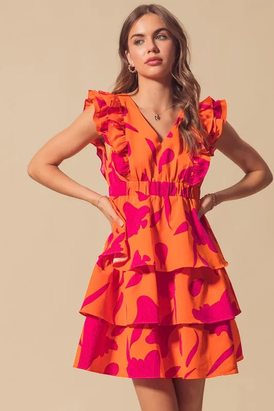 Stylish Orange Layered Resort Dress with Elastic Waist - Perfect for Beach Vacations, Summer Parties & Tropical Getaways