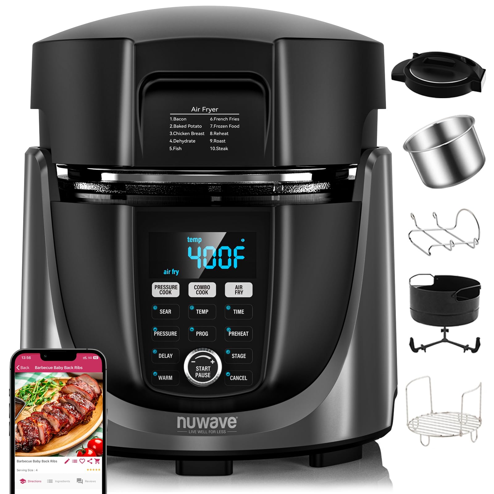 Nuwave Duet 6QT Air Fryer and Electric Pressure Cooker Combo - 2 Switchable Lids, 300 One-Touch Presets, Crisp & Tender Technology, Stainless Steel Pot, 15 Safety Features | Perfect for Healthy Cooking, Meal Prep, and Family Dinners
