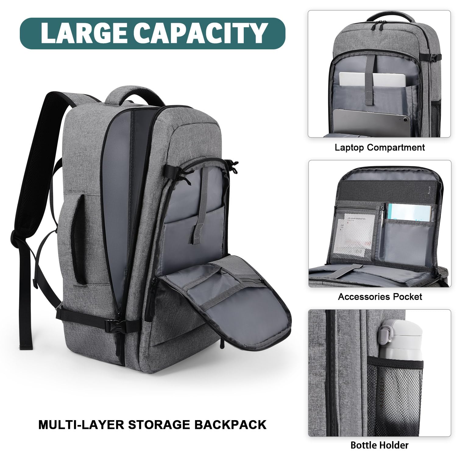 Waterproof Travel Backpack for Women & Men with Laptop Compartment - Lightweight Carry On Backpack for Business Travel, Hiking, Gym & Daily Use (Grey) - Perfect for Commuting, Weekend Trips & Outdoor Adventures