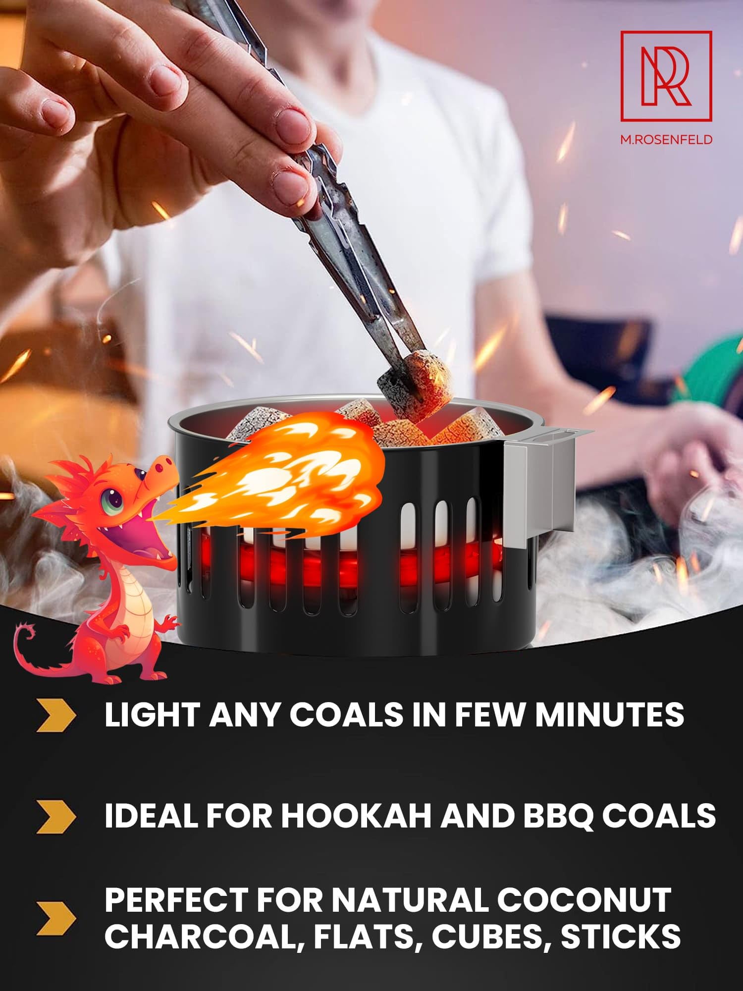 M. ROSENFELD 800W Electric Charcoal Starter - UL & STS Certified Charcoal Burner with Stainless Steel Tongs - Fast Heating Hot Plate for BBQ, Grilling & Camping - 304 Stainless Steel Construction - Perfect for Backyard Cookouts & Outdoor Adventures