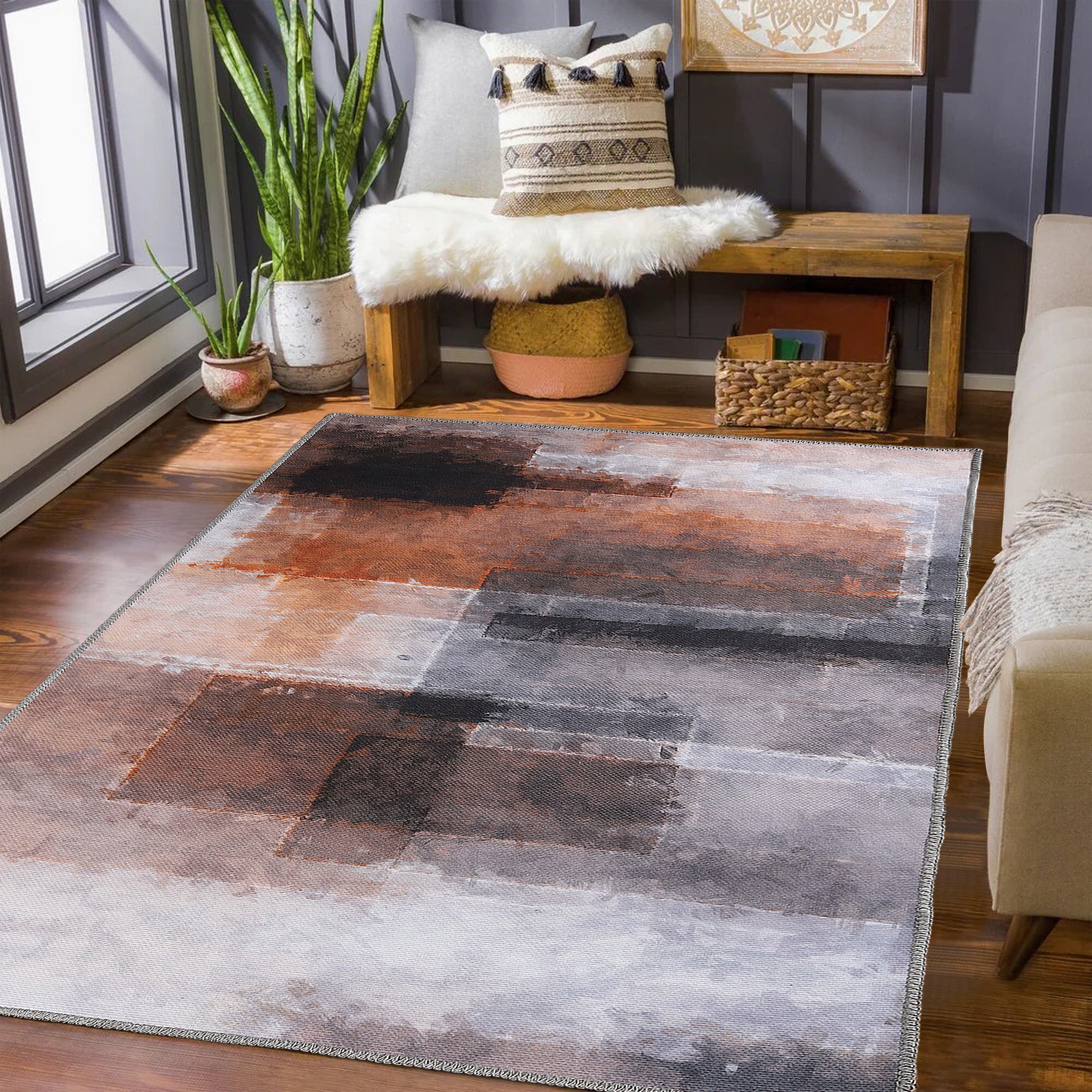 Goa Abstract Patchwork Washable Indoor Area Rug or Runner - Non-Slip Bohemian Floor Mat for Living Room, Bedroom, Hallway Decor