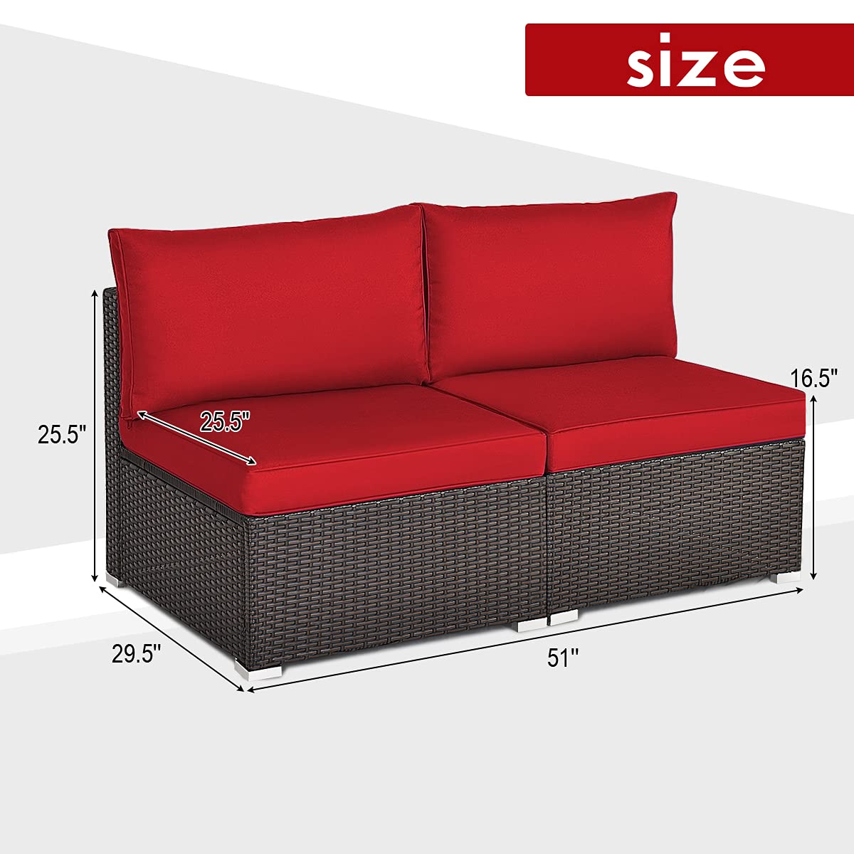 Tangkula 2-Piece Outdoor Wicker Armless Sofa Set with Thick Cushions - Patio Rattan Sectional Sofa for Garden, Balcony, Poolside - Includes 2 Seat & 2 Back Cushions (Red) | Perfect for Relaxing, Sunbathing & Outdoor Entertaining
