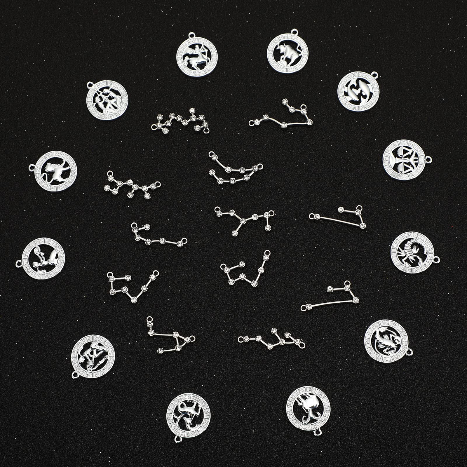 Hicarer 48-Piece Zodiac Charms for Jewelry Making - 4 Styles Diamond Alphabet Alloy Pendants, 12 Horoscope Sign Charms with 24 Cards - Perfect for DIY Necklaces, Bracelets, and Personalized Gifts