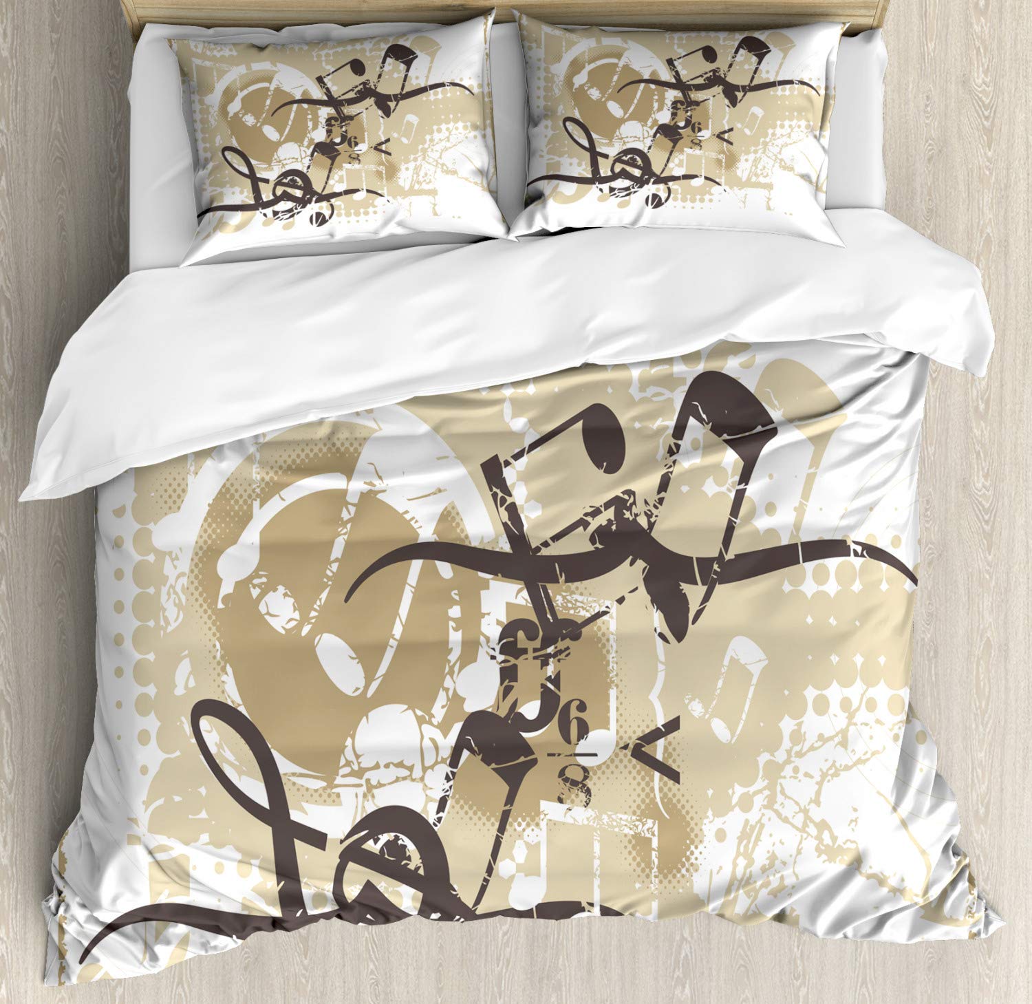 Ambesonne Music Duvet Cover Set Queen Size - Grunge Style Neutral Tone Bedding with 2 Pillow Shams - White Seal Brown Decorative 3 Piece Set for Rock Music Lovers Bedroom Decor