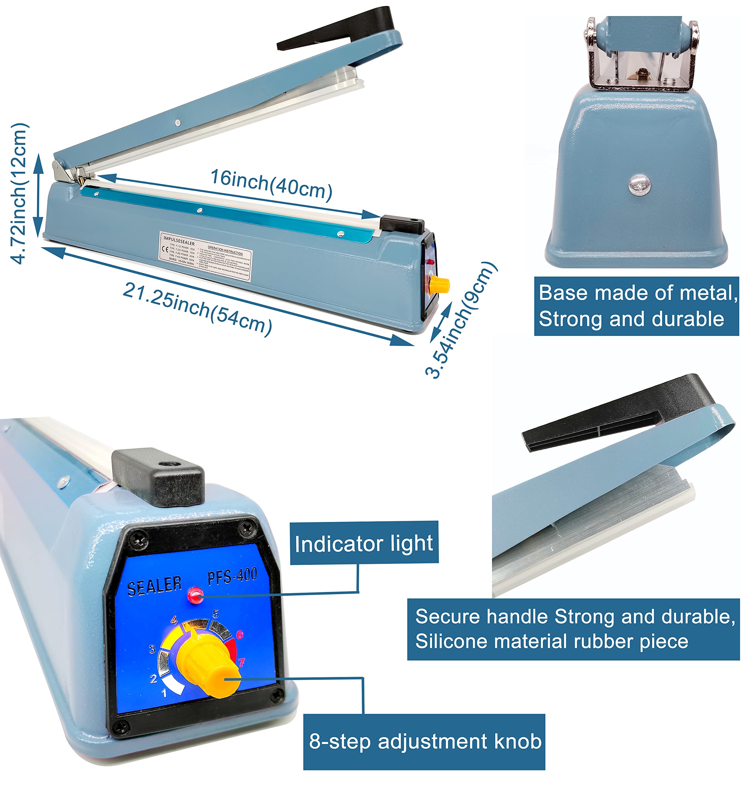 16 Inch Impulse Heat Sealer Machine for Mylar Bags | 110V Manual Plastic/Poly/Cookie Bag Sealer with 8 Replacement Parts & Teflon Cloth Strip (Includes 2 Round Cutter Lines) | Perfect for Food Storage, Coffee Packaging & Small Business Sealing Needs
