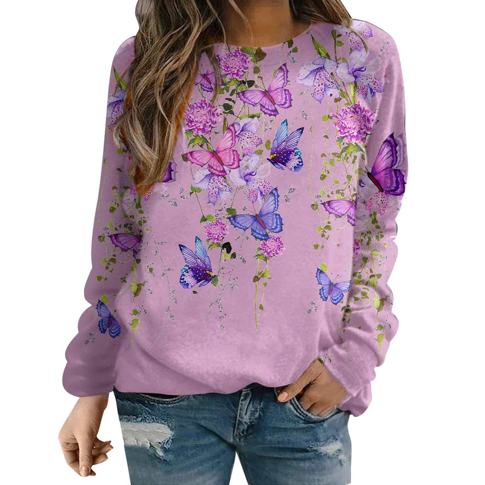 Women's Floral Print Long Sleeve Crewneck T-Shirts - Loose Fit Pullover Blouses & Casual Sweatshirts for Everyday Wear, Work, and Weekend Outings