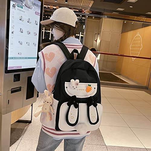 Cute Bunny Ear Backpack with Bear Pendant - Large Black School Bag for Teen Girls, Women | Perfect for School, College, Travel & Daily Use