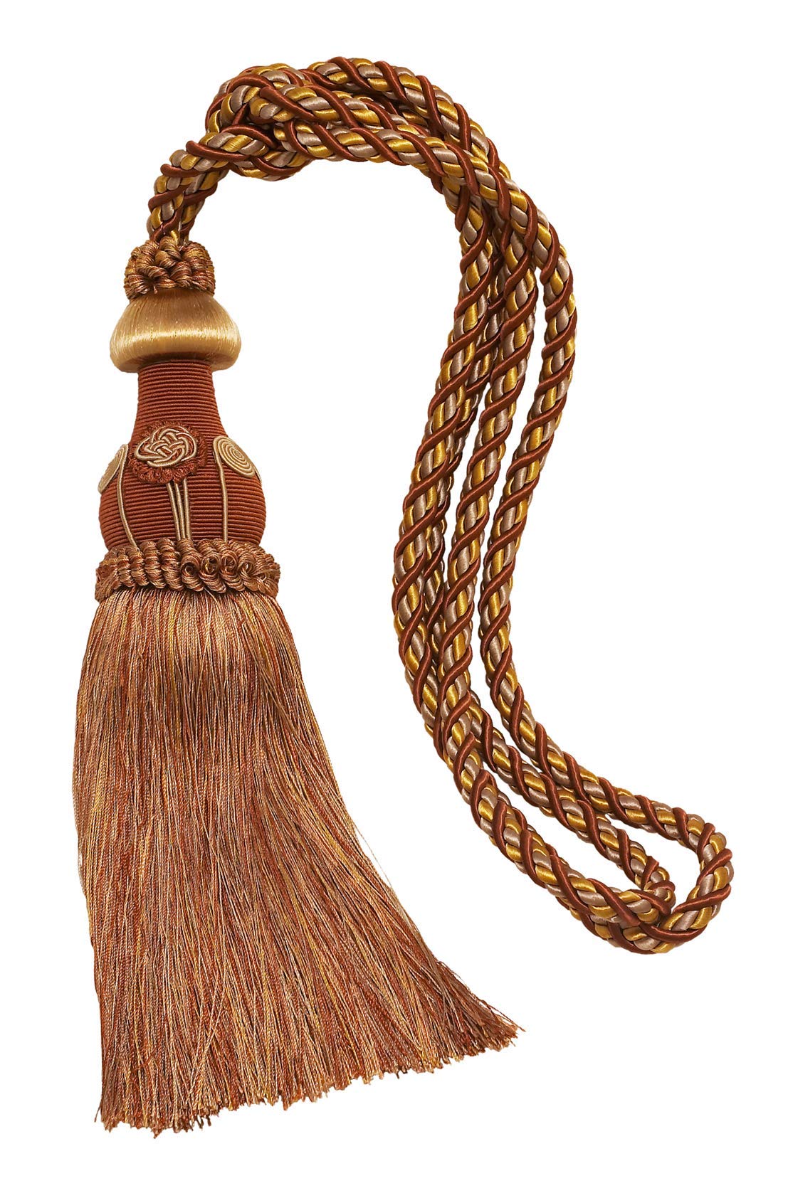 Decorative Rust Gold Curtain Tiebacks - 12 inch Tassel, 32 inch Spread, 7/16 inch Cord - Baroque Style Drapery Holdbacks (Cinnamon Toast) - Perfect for Living Room, Bedroom, and Window Treatments
