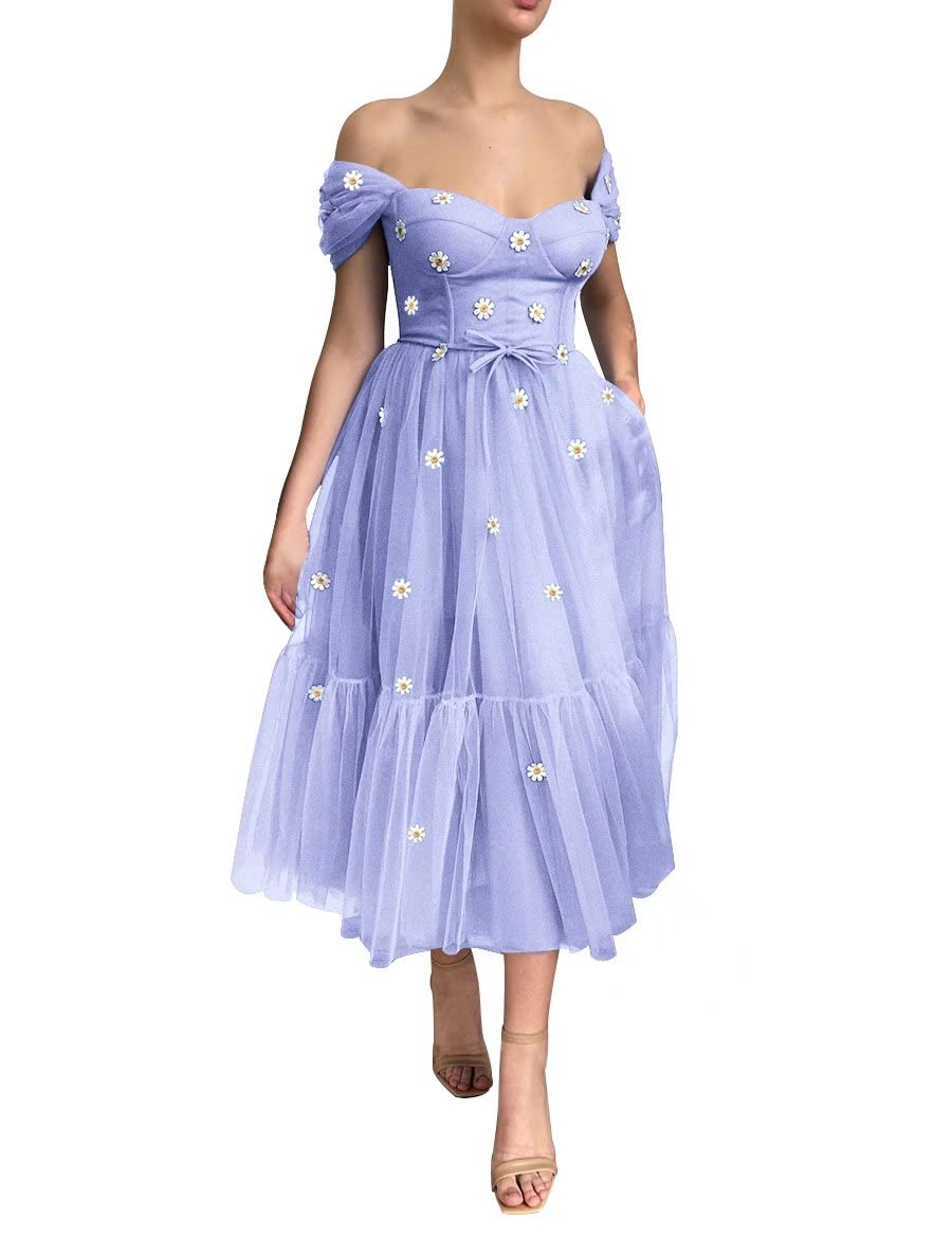 Elegant Off-The-Shoulder Tulle Prom Dress with Pockets | Tea-Length Ball Gown Sweetheart Neckline Formal Evening Dress for Homecoming, Wedding, Party & Special Occasions