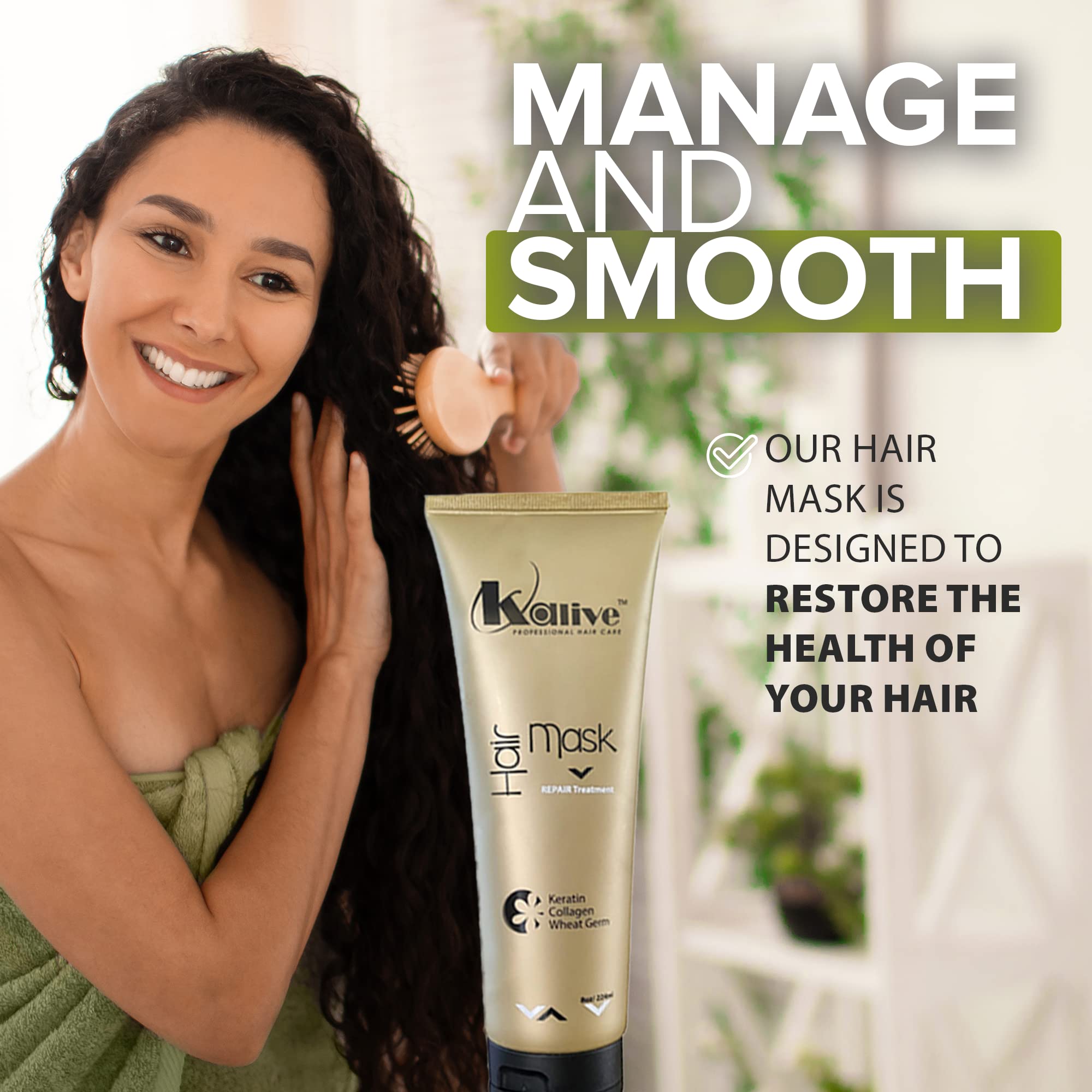 KALIVE Deep Hydrating & Repairing Hair Mask with Keratin, Collagen & Wheat Germ - 8 oz Hair Treatment for Dry, Damaged Hair - Perfect for Salon-Quality At-Home Hair Care & Post-Color Treatment