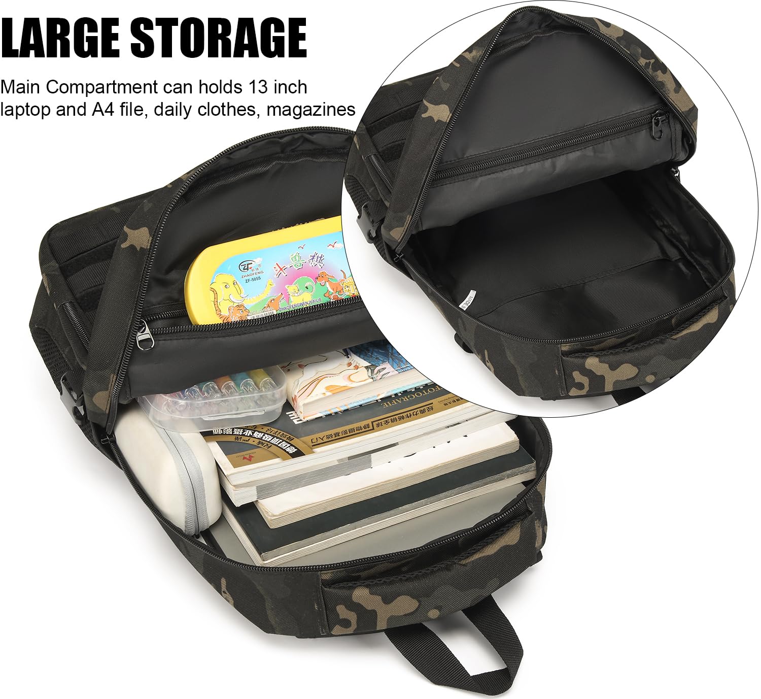 Kids Tactical Backpack - Army Molle Military School Bookbag for Boys - Waterproof Outdoor Camping Backpack with 2 Patches & Carabiner - Black Camo - Perfect for School, Hiking, Travel & Adventure Activities