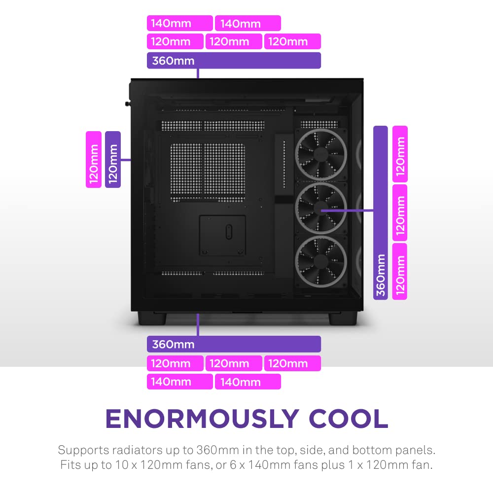 NZXT H9 Elite ATX Mid-Tower PC Gaming Case - 3 x 120mm RGB Fans with Controller - Tempered Glass Panels - 360mm Radiator Support - Cable Management System - Black | Perfect for High-Performance Gaming Rigs & Custom Water Cooling Builds