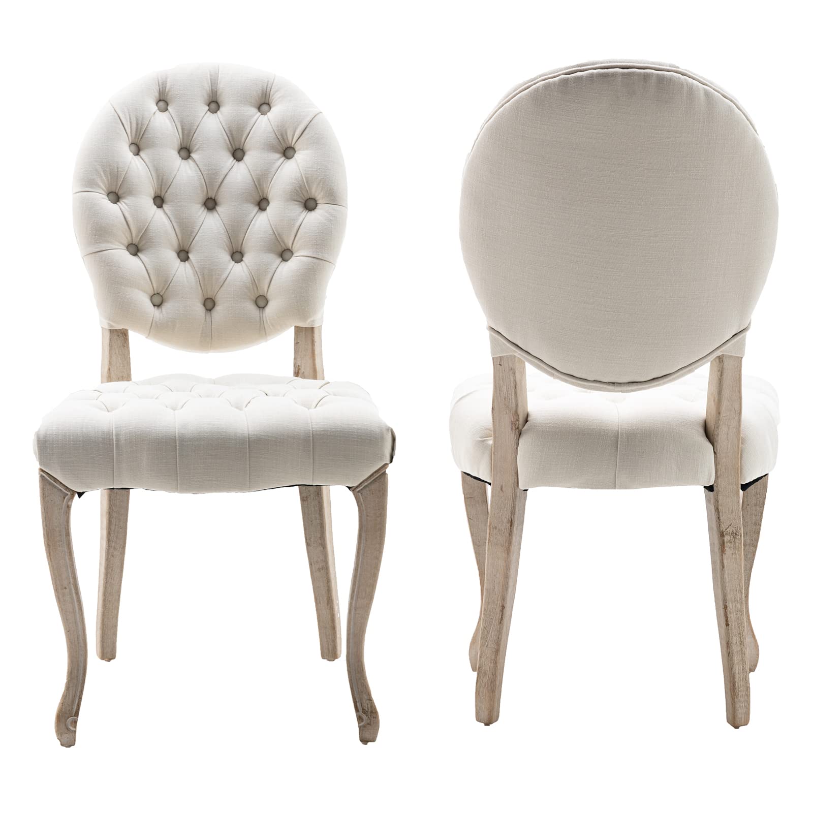 Yoluckea Mid-Century Modern Tufted Dining Chairs Set of 2 - Upholstered French Style Oval Back Chairs with Solid Wood Legs, Traditional Linen Fabric Kitchen & Dining Room Chairs for Dinner Table, Meeting Table, Breakfast Nook & Home Office