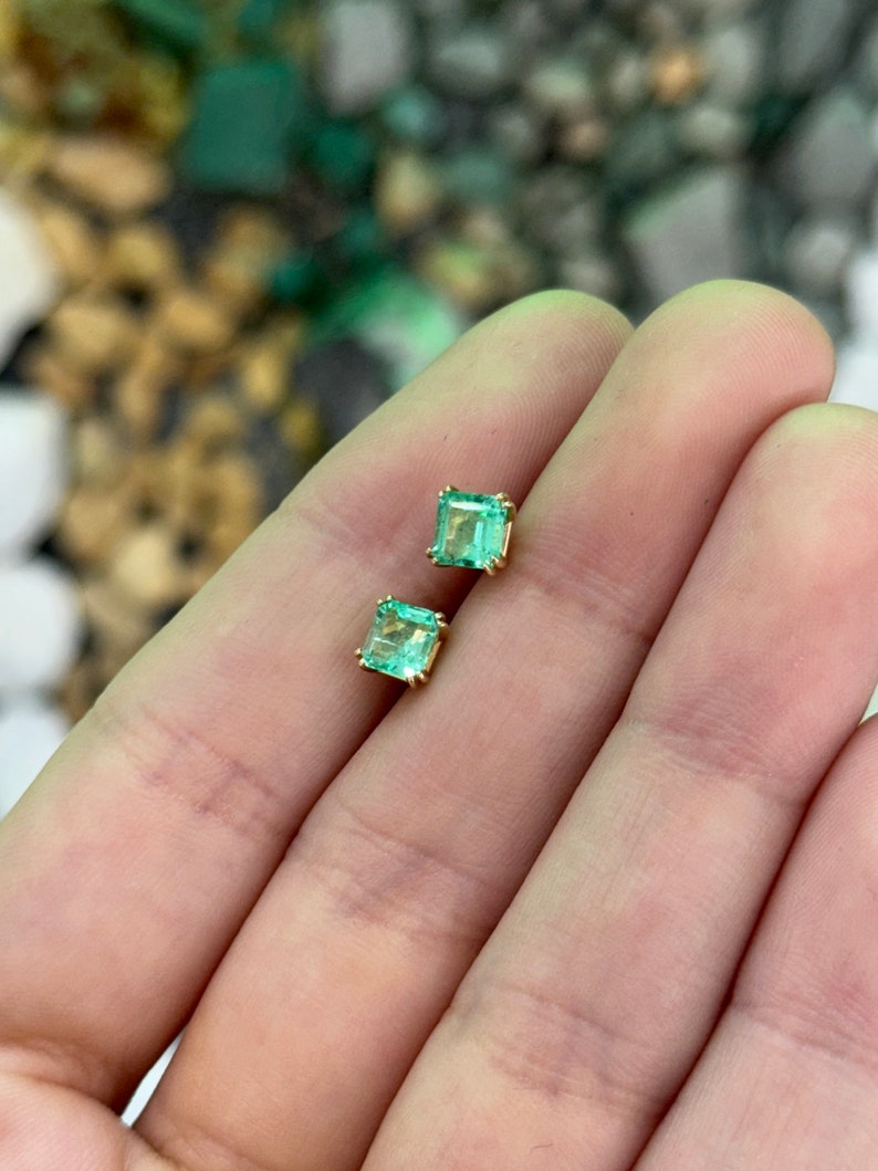 1.73tcw 14K Gold Vivid Electric Green Emerald Asscher Cut Stud Earrings - Double Claw Prong Setting for Secure Wear | Perfect for Weddings, Parties & Everyday Elegance