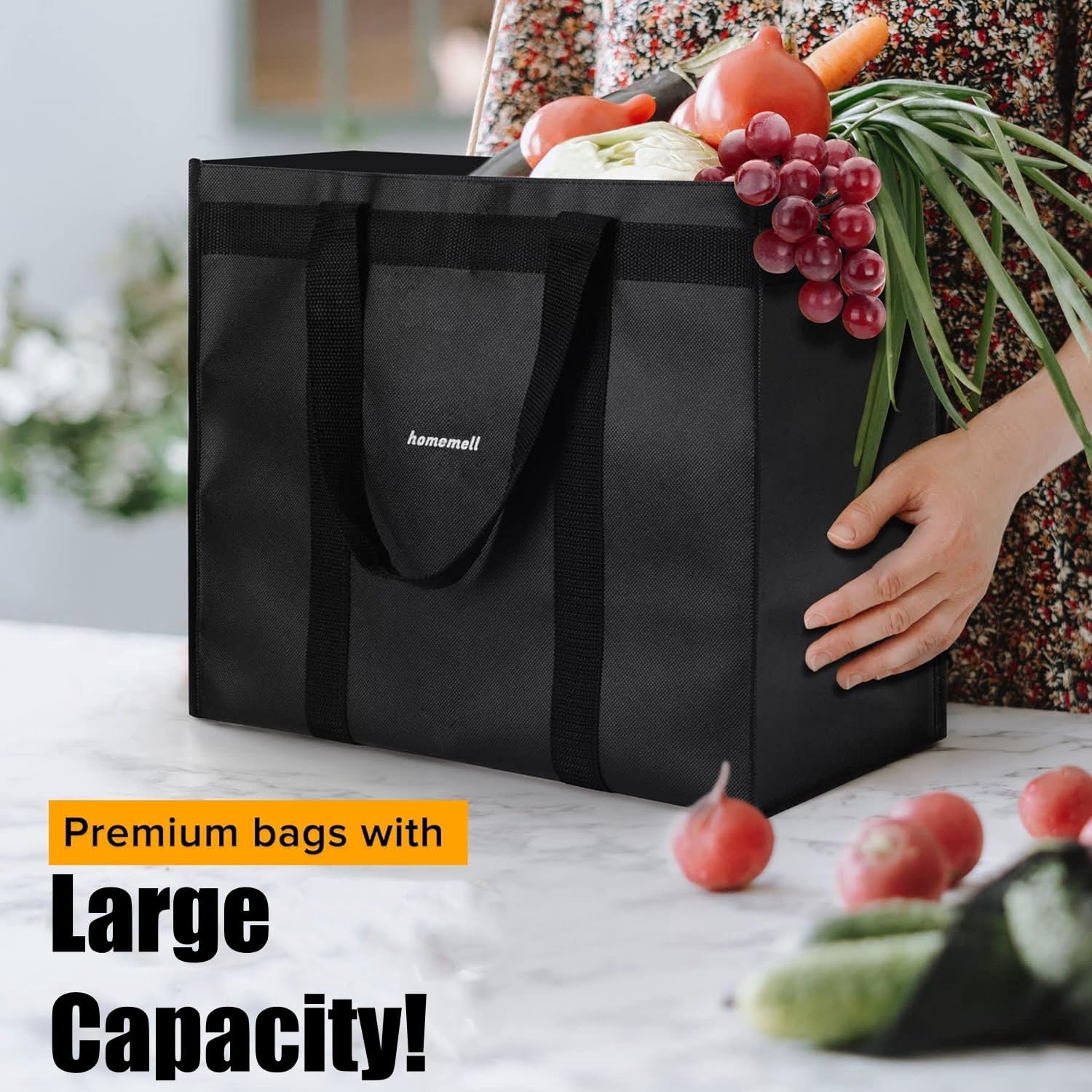 Homemell Heavy Duty Reusable Grocery Bags - Large Collapsible Tote Bags Holds 100 lbs - Extra-Strength Premium Material (Black, 4-Pack) - Perfect for Shopping, Travel & Storage