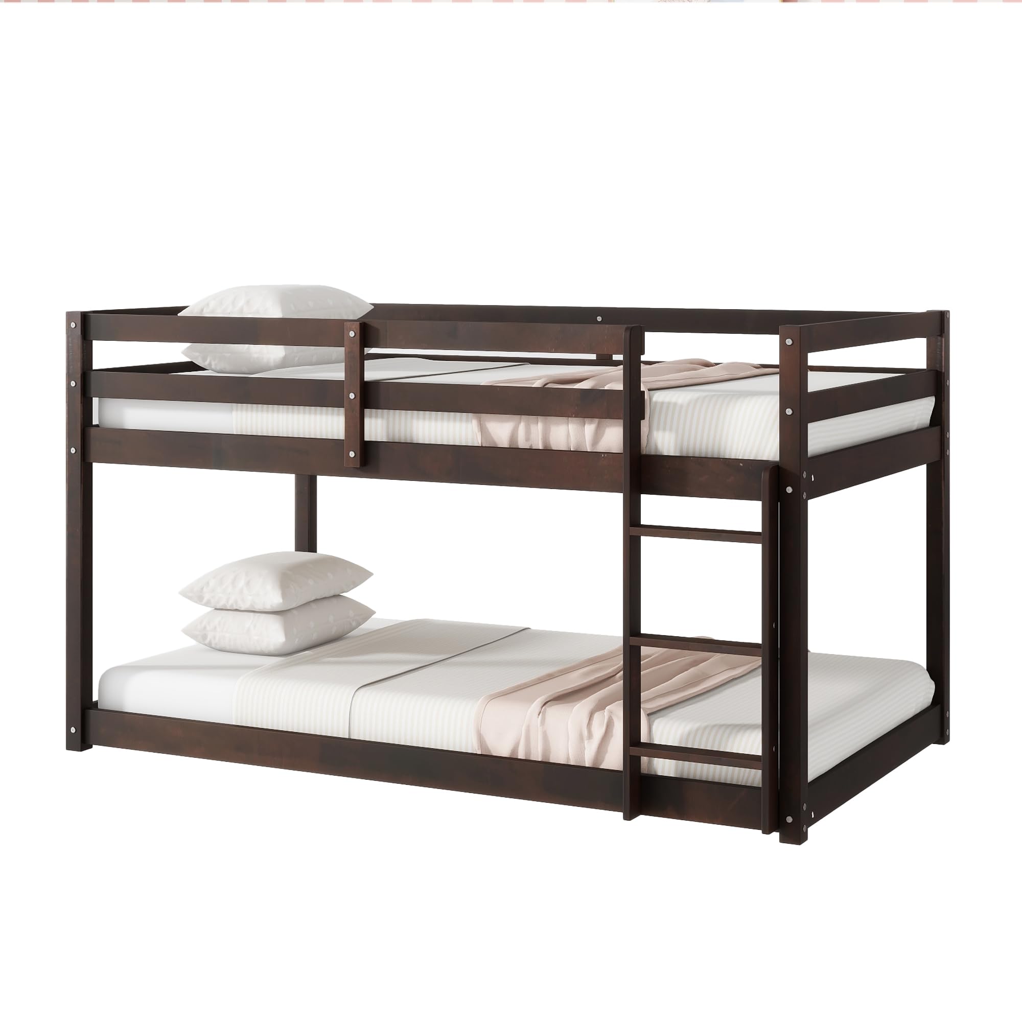 **Twin Over Twin Low Bunk Bed Frame - Wooden Junior Loft Bed for Kids, Boys, Girls & Teens with Safety Rails - Espresso Finish - Perfect for Small Bedrooms, Dorms & Shared Kids' Rooms**