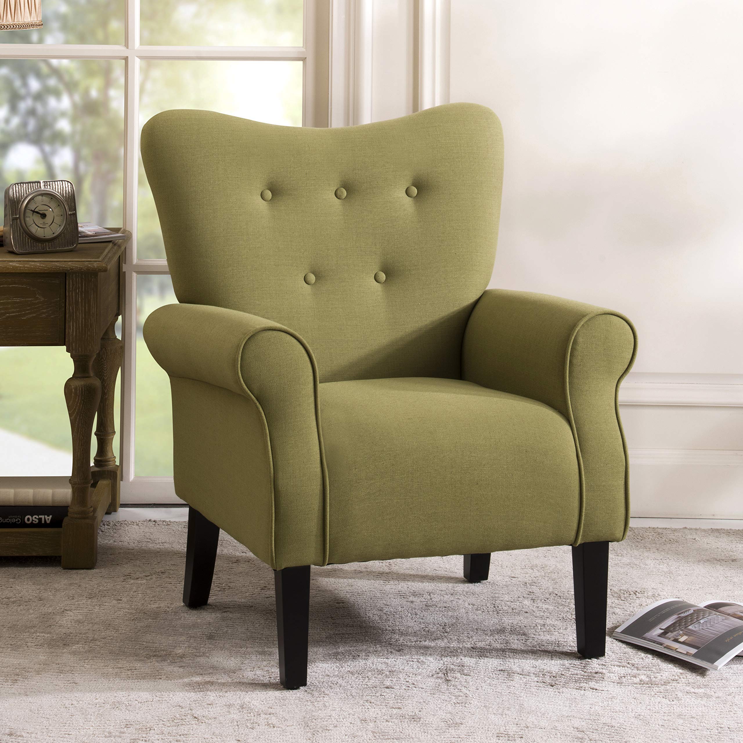 Mid Century Modern Cream Accent Chair - Tufted Upholstered Living Room Sofa Chair with Linen Fabric & Wooden Legs | Perfect for Lounge, Reading Nook & Home Office Decor