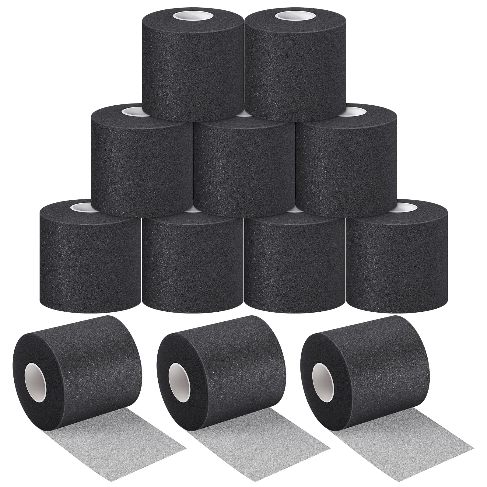 12-Pack Black Foam Prewrap Athletic Tape - Breathable Sports Wraps for Running, Hiking & Hair Protection - Ideal for Athletes, Gym Workouts & Outdoor Activities