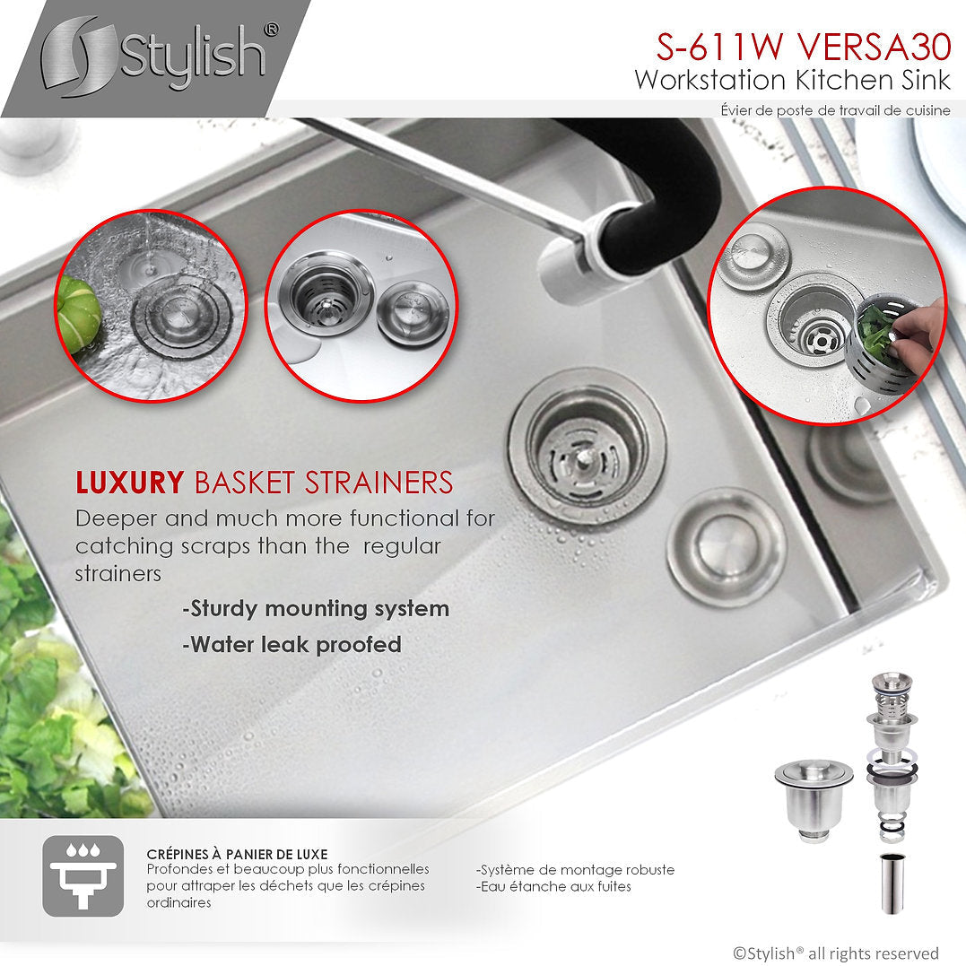 VERSA30 S 611W 30-Inch Undermount Stainless Steel Kitchen Sink - Single Bowl Workstation with Drainboard & Accessories - Perfect for Modern Kitchens, Restaurants & Food Prep Areas