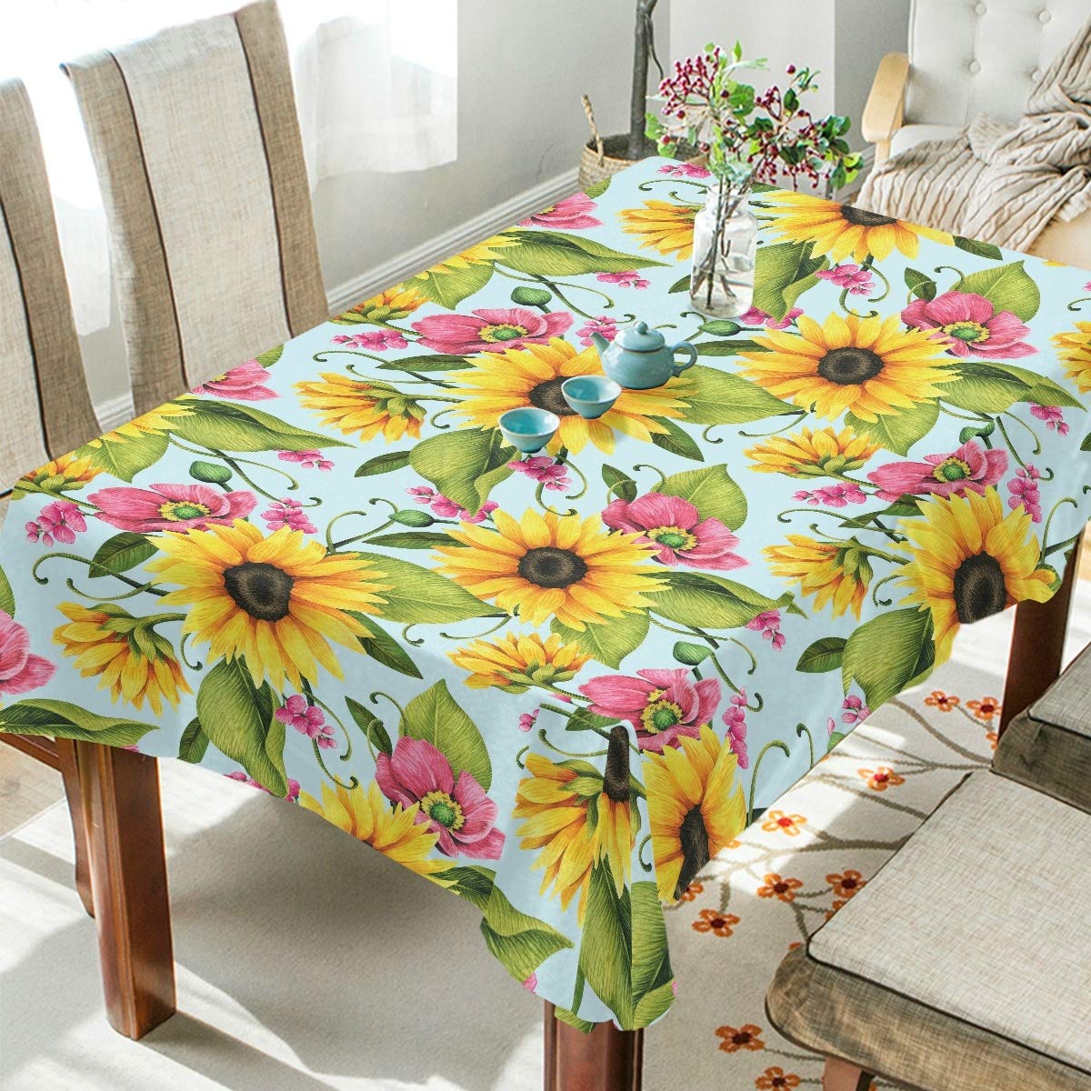 Sunflower Poppy Leaf Tablecloth 60x120 Inch Rectangle Table Cover - Waterproof Washable Table Protector for Outdoor Wedding Party Dining Room Decor