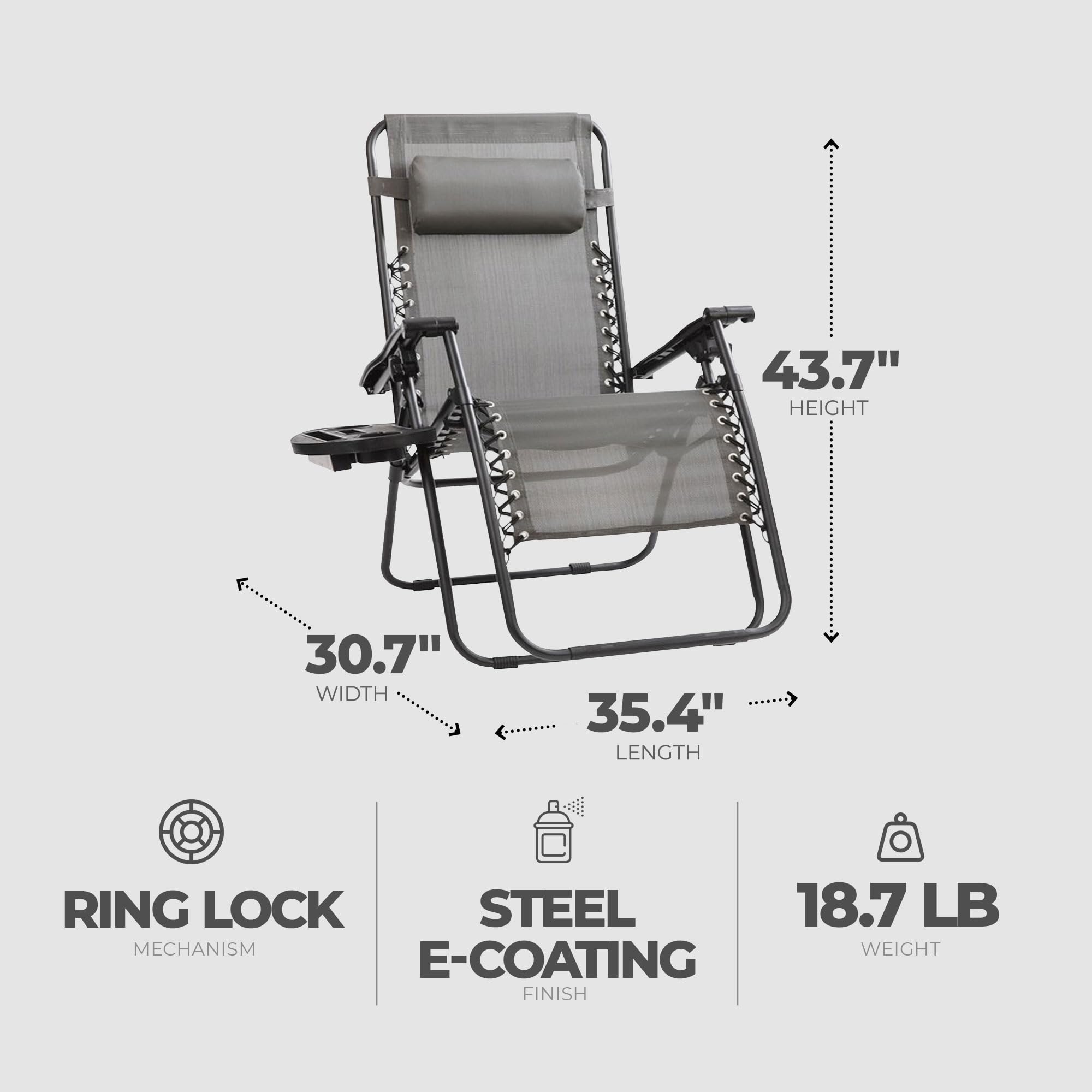 Sunny Isles XL Zero Gravity Outdoor Patio Reclining Chair - Steel Frame Comfortable Lounge Seating Furniture Set (3 Pack, Gray) - Perfect for Backyard, Poolside & Beach Relaxation