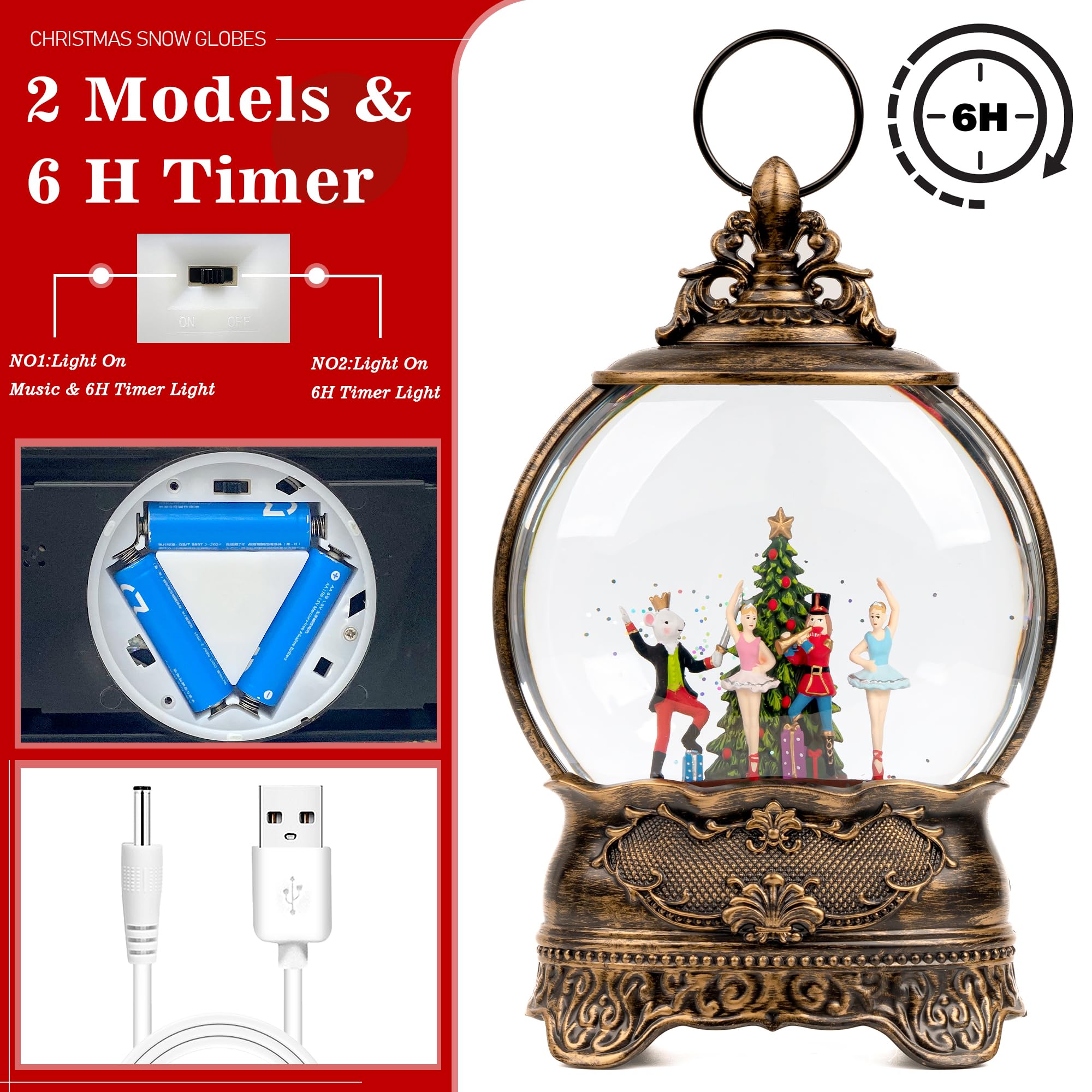 Christmas Snow Globe Lantern with Music - 6H Timer, USB/Battery Operated LED Lighted Decoration Featuring Walnut Soldier - Perfect for Holiday Home Decor, Festive Gift Giving & Winter Wonderland Displays
