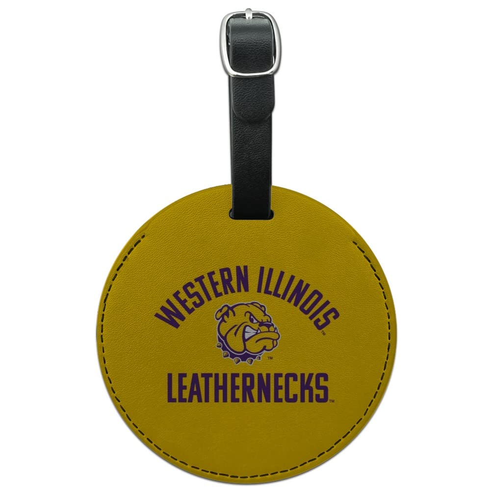 Western Illinois Leatherneck Round Leather Luggage Tag - Personalized Carry-On ID Tag for Suitcases, Backpacks & Travel Bags | Durable Leather Name Tag for Business Travel, Vacation & College Campus Use