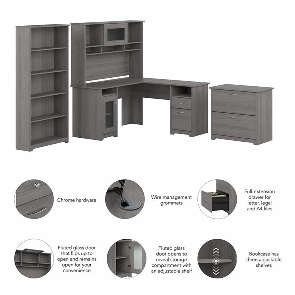 Modern Gray L-Shaped Desk with Hutch & Storage - Engineered Wood Home Office Desk for Small Spaces, Gaming & Study | Pemberly Row