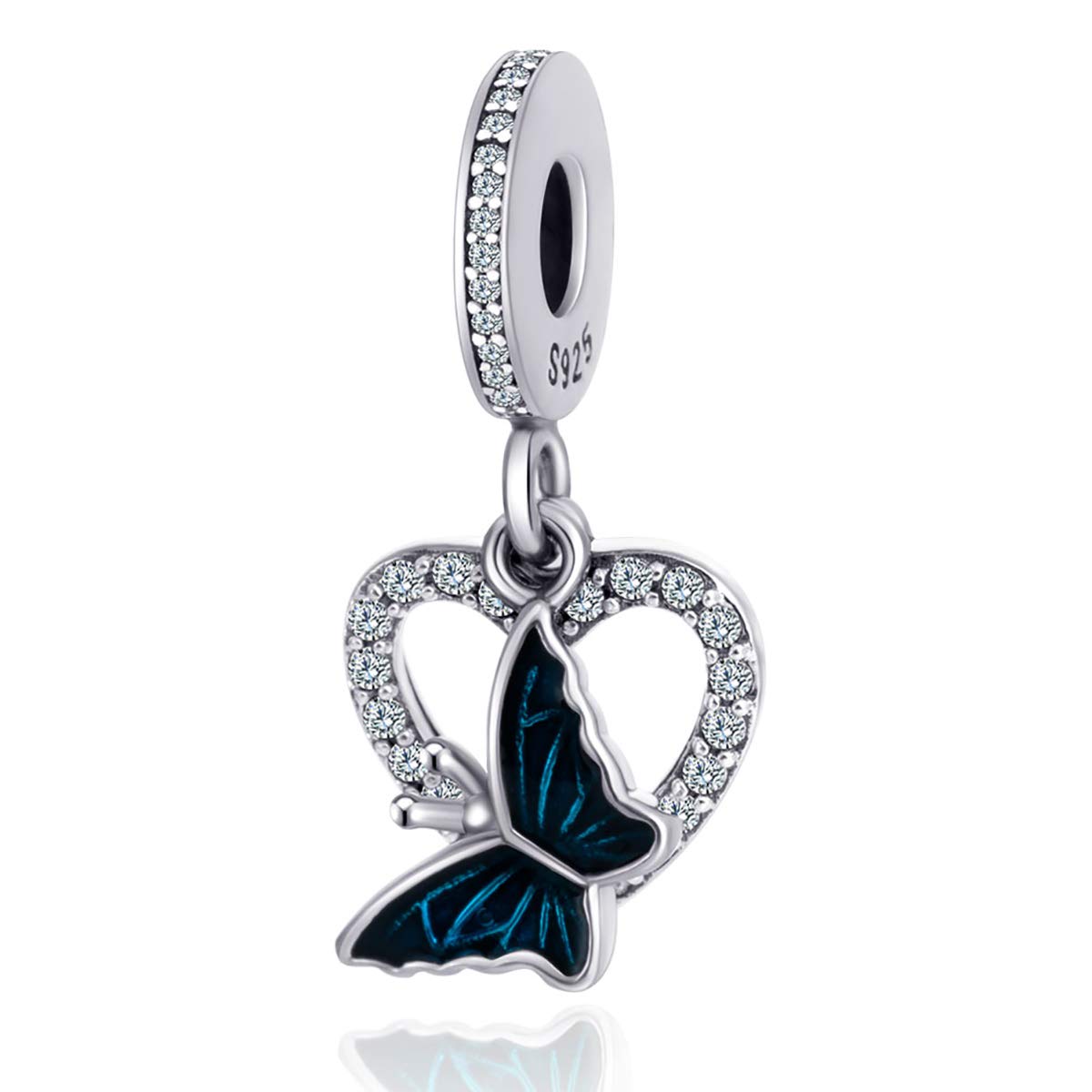 Butterfly Charm Sterling Silver Pendant - Heart Shaped Enameled Lucky Charm Bead with Cubic Zirconia for Women's Bracelets | Elegant Jewelry Gift for Birthday, Anniversary & Everyday Wear