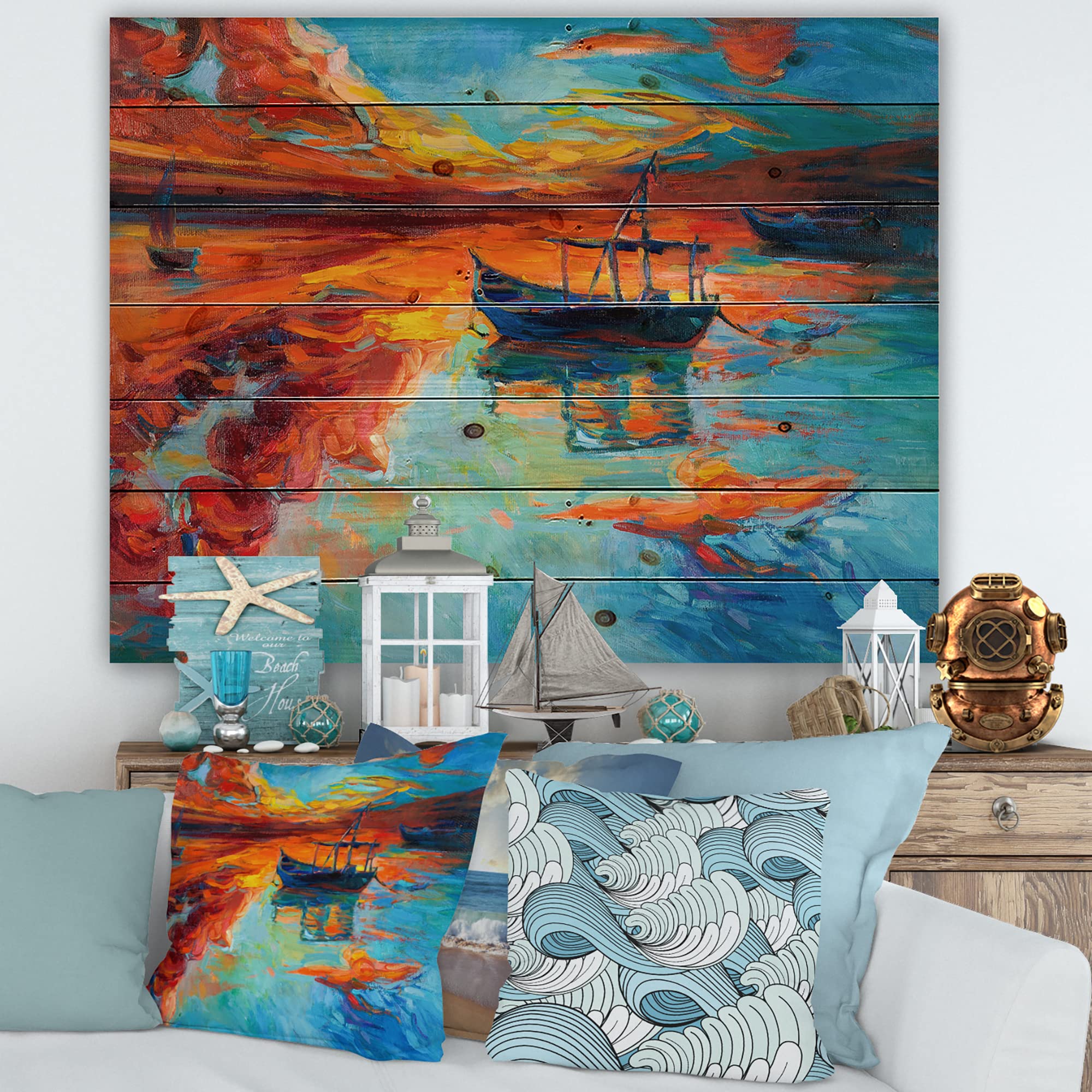 Nautical Boat Wood Wall Art - Blue Coastal Decor for Living Room