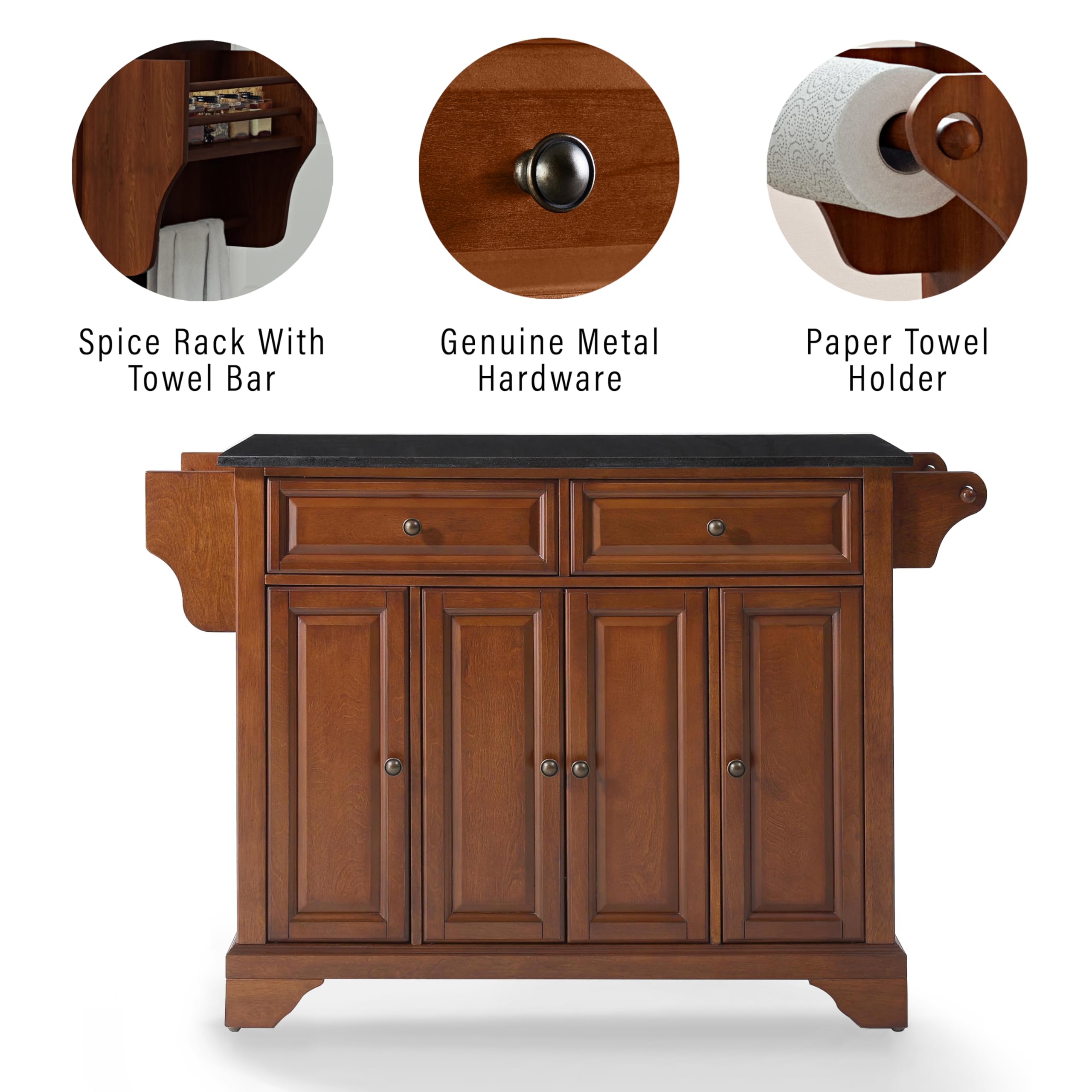 Crosley Lafayette Granite Top Rolling Kitchen Island Cart with Storage - Microwave Stand, Spice Rack, Cherry Finish - Perfect for Small Kitchens, Pantry Organization & Extra Counter Space