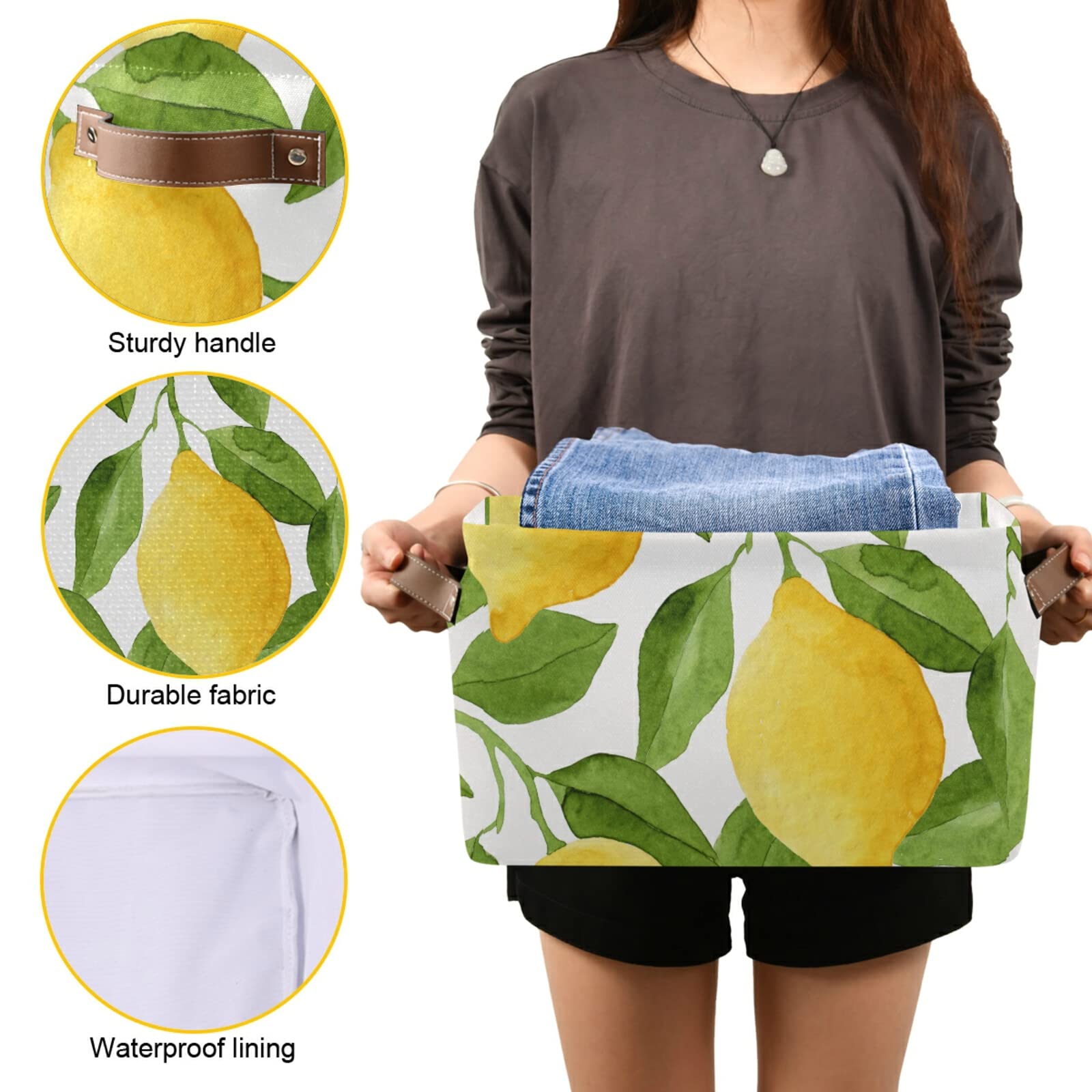 Susiyo 2-Pack Yellow Lemon Green Leaves Canvas Storage Bins - 14 x 10 Inch Fabric Baskets for Shelves, Closet & Home Organization | Perfect for Bedroom, Bathroom & Nursery Storage