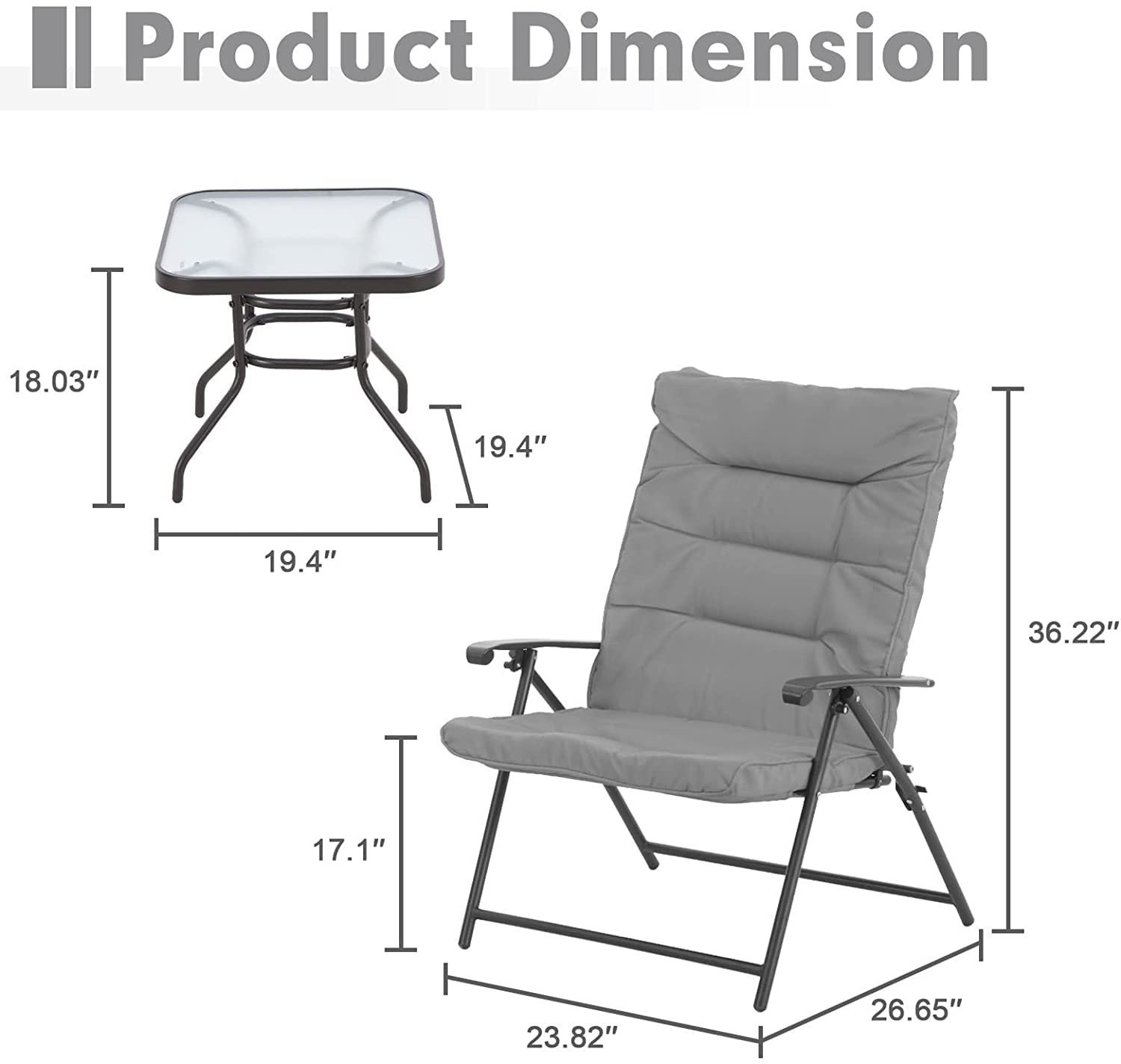 Incbruce 3-Piece Folding Bistro Set with Adjustable Reclining Chairs, Steel Frame & Coffee Table - Classic Grey Cushions for Outdoor Patio, Garden, Deck & Front Porch Relaxation | Perfect for Entertaining Guests or Lounging in the Sun