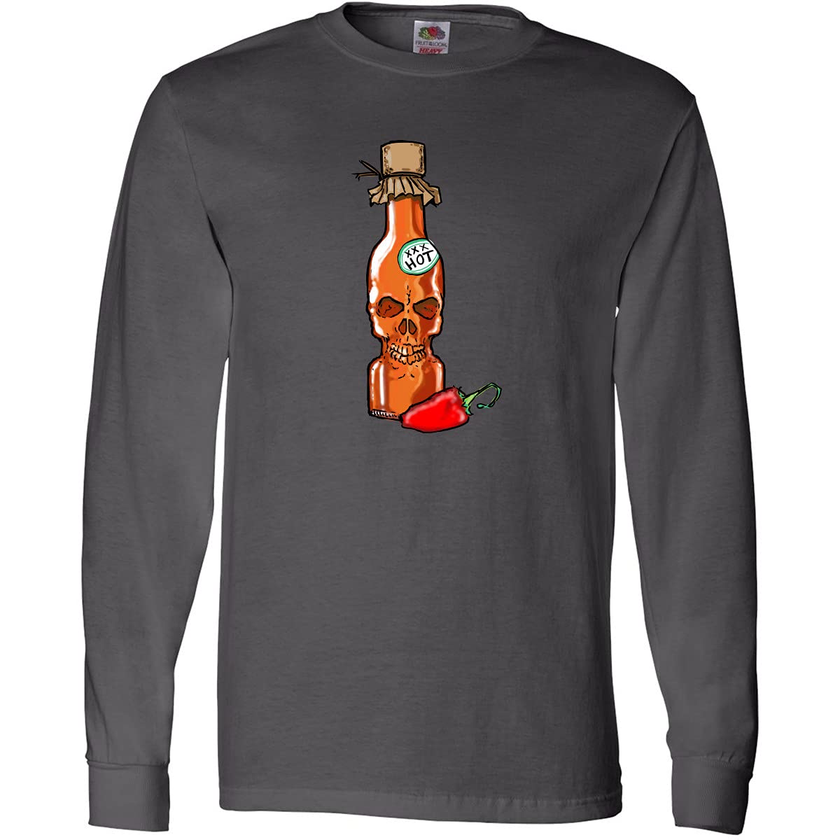 Inktastic Hot Sauce Skull Bottle with Pepper Design - Men's & Women's Long Sleeve Graphic T-Shirt for Casual Wear, Halloween Costume, and Gift Ideas